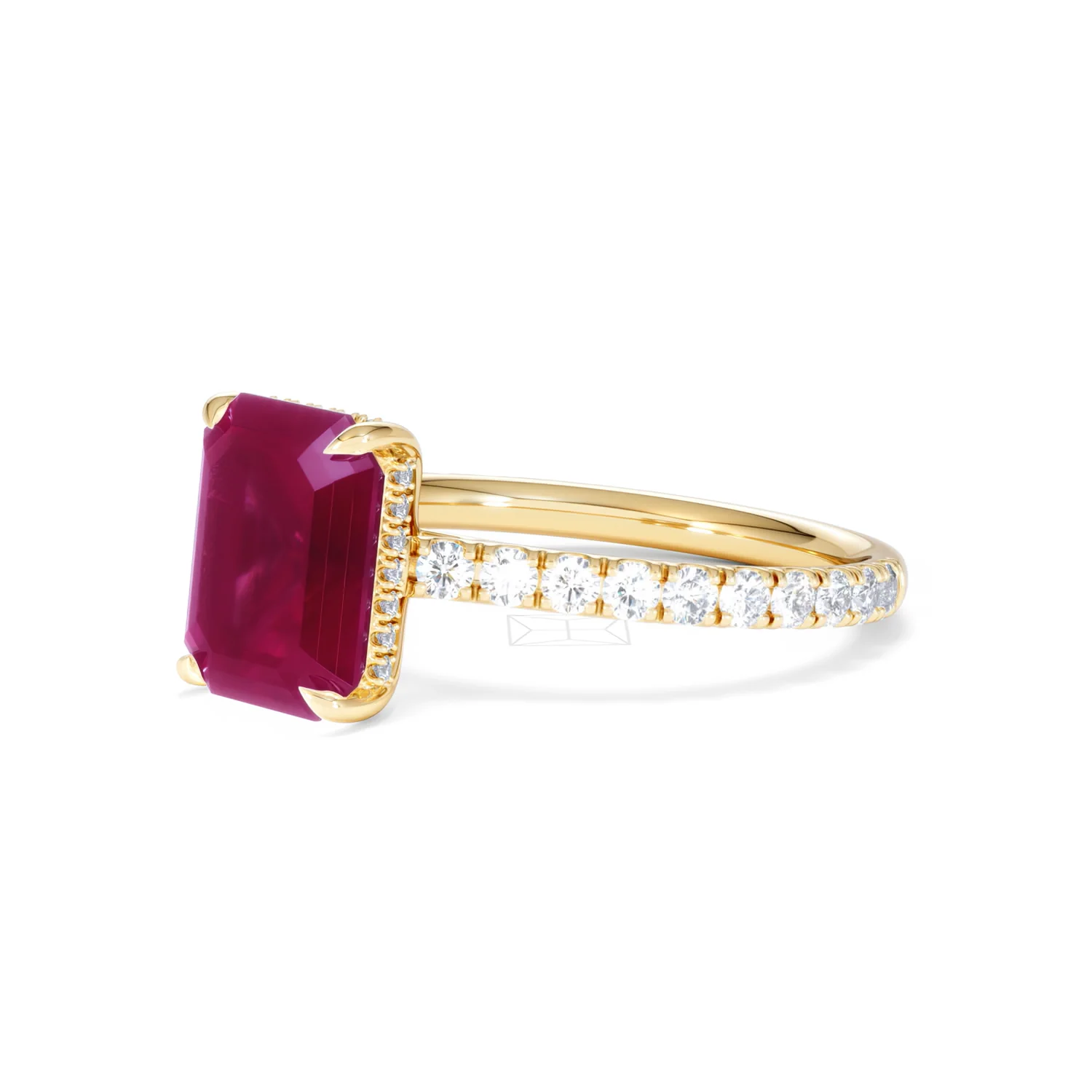 Amora Gem 2.50ct Emerald Cut Lab Ruby Hidden Halo Engagement Ring with Side Stones in 18K Yellow Gold - Image 79