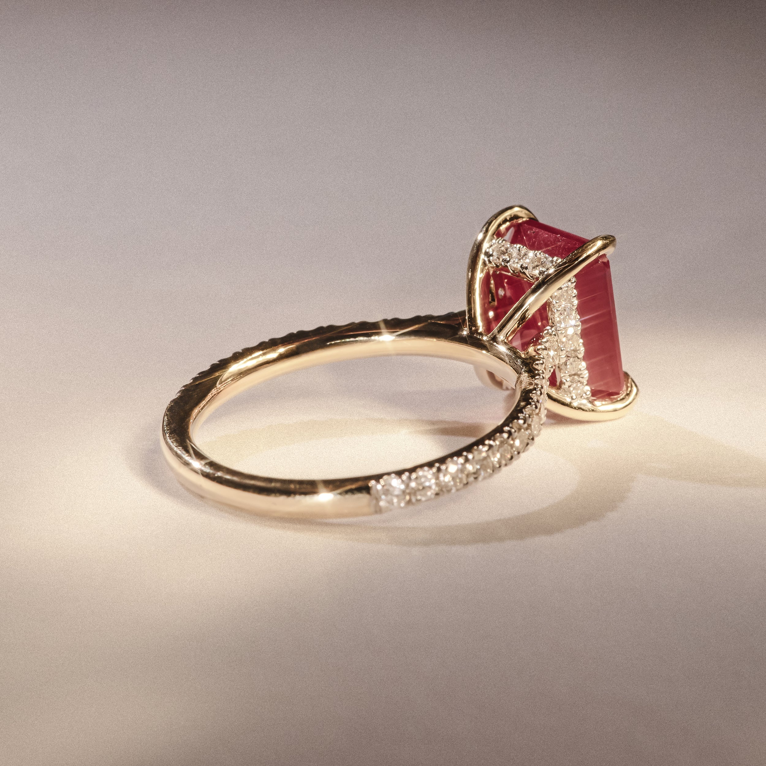 Amora Gem 2.50ct Emerald Cut Lab Ruby Hidden Halo Engagement Ring with Side Stones in 18K Yellow Gold - Image 8