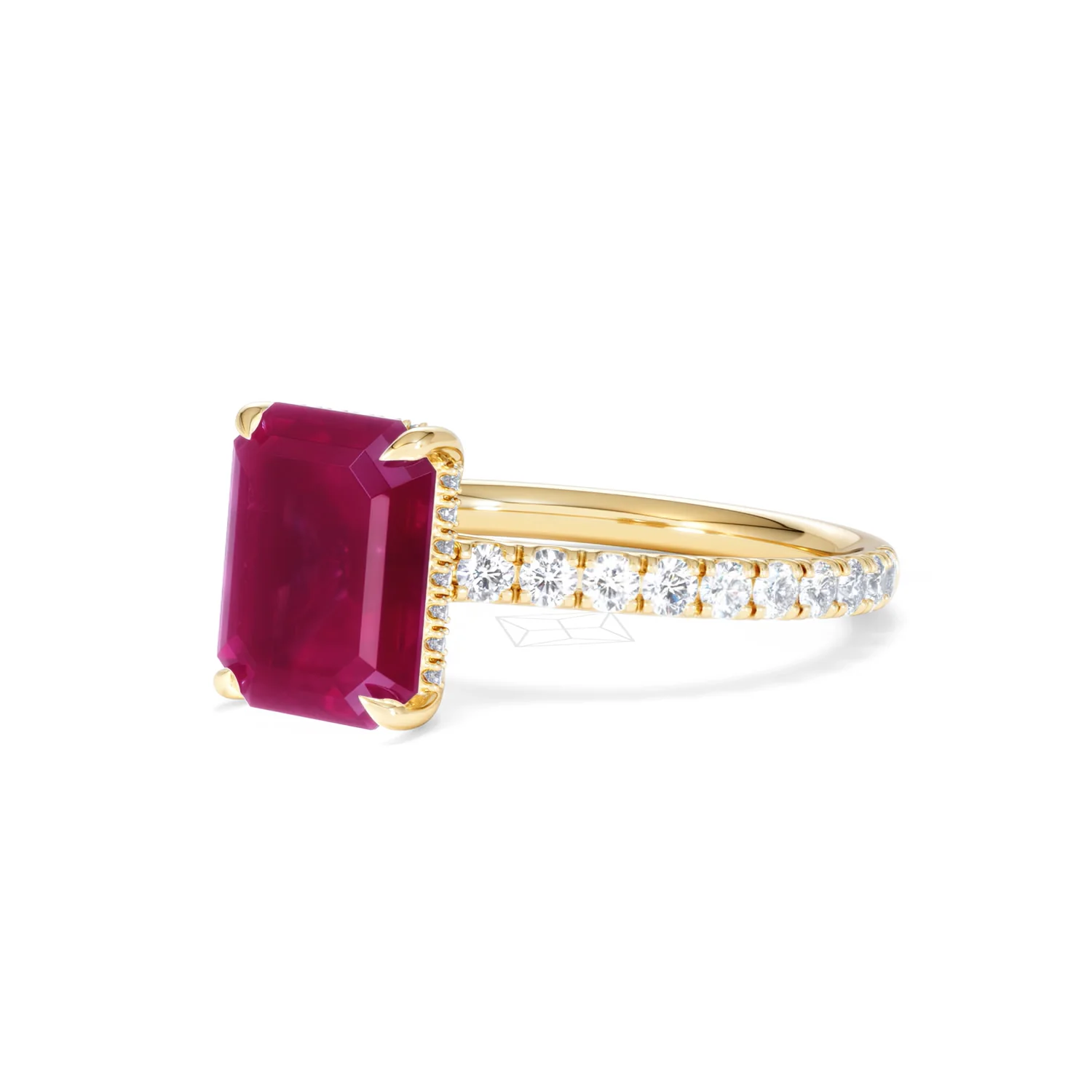 Amora Gem 2.50ct Emerald Cut Lab Ruby Hidden Halo Engagement Ring with Side Stones in 18K Yellow Gold - Image 81