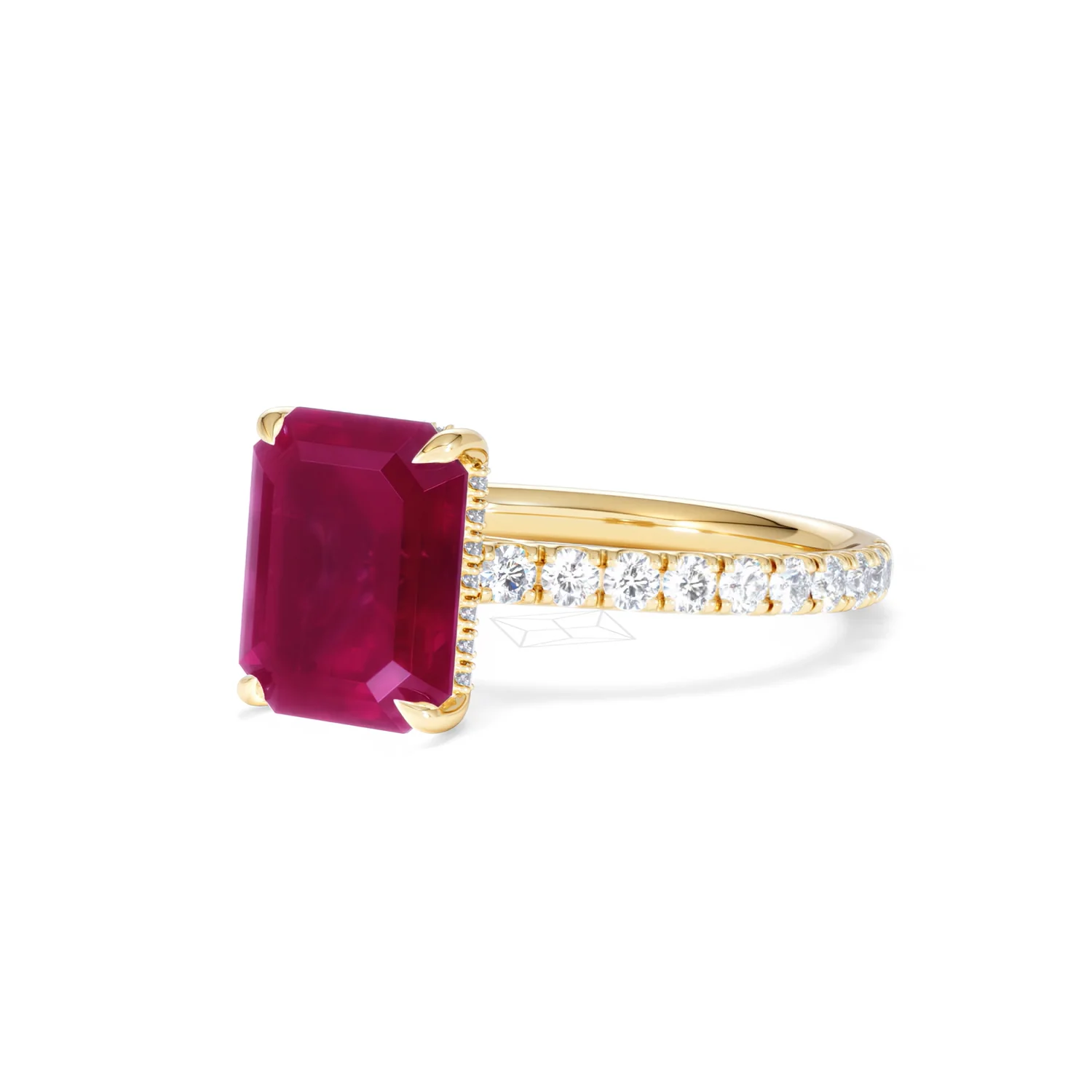 Amora Gem 2.50ct Emerald Cut Lab Ruby Hidden Halo Engagement Ring with Side Stones in 18K Yellow Gold - Image 82