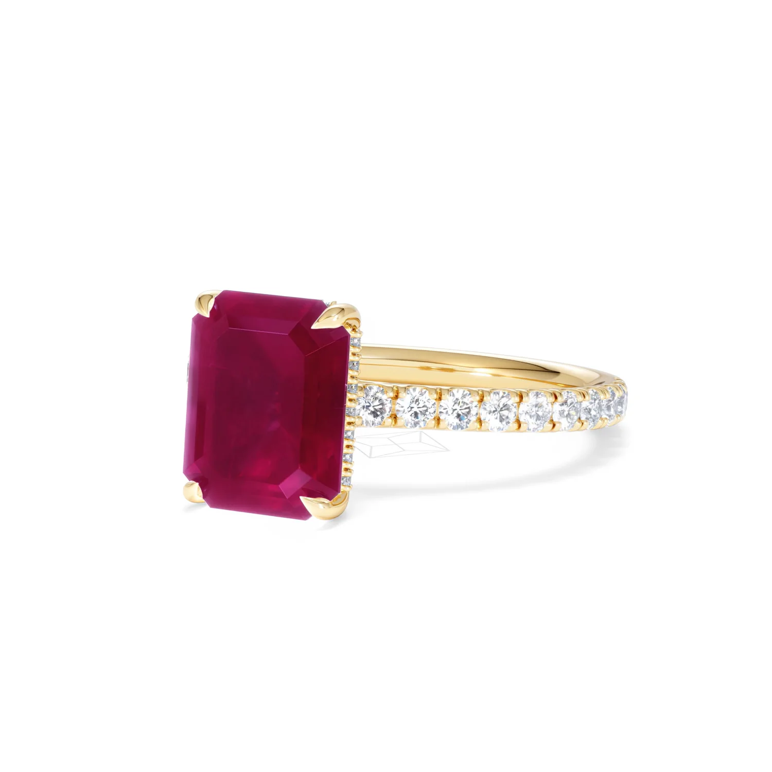 Amora Gem 2.50ct Emerald Cut Lab Ruby Hidden Halo Engagement Ring with Side Stones in 18K Yellow Gold - Image 83