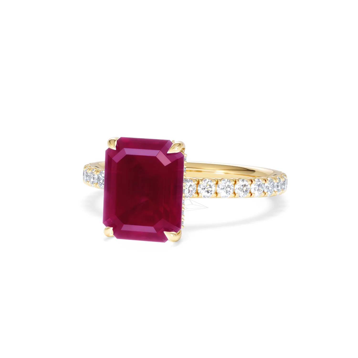 Amora Gem 2.50ct Emerald Cut Lab Ruby Hidden Halo Engagement Ring with Side Stones in 18K Yellow Gold - Image 85