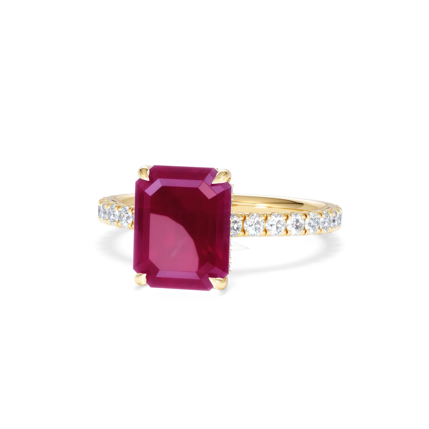 Amora Gem 2.50ct Emerald Cut Lab Ruby Hidden Halo Engagement Ring with Side Stones in 18K Yellow Gold - Image 86