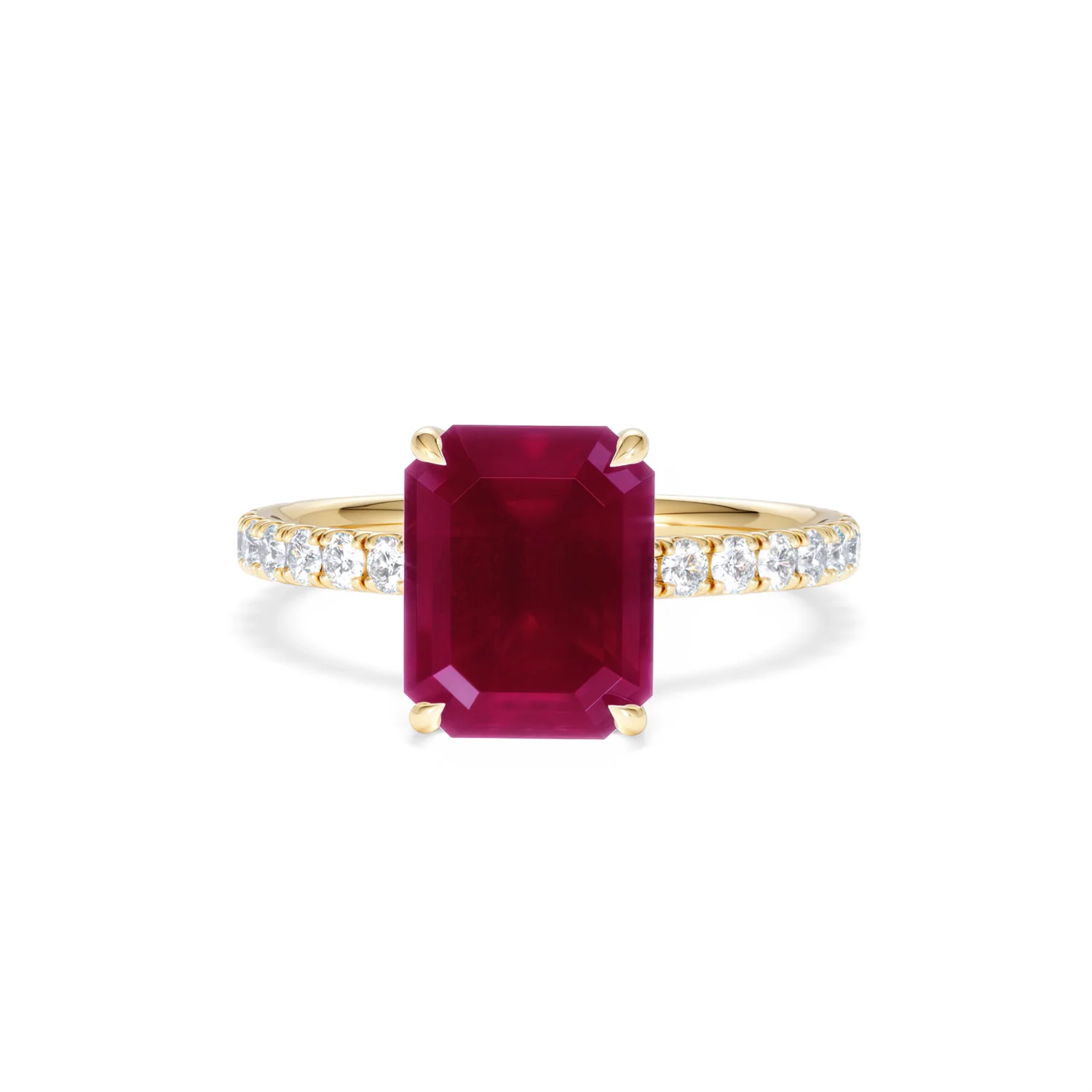 Amora Gem 2.50ct Emerald Cut Lab Ruby Hidden Halo Engagement Ring with Side Stones in 18K Yellow Gold - Image 88