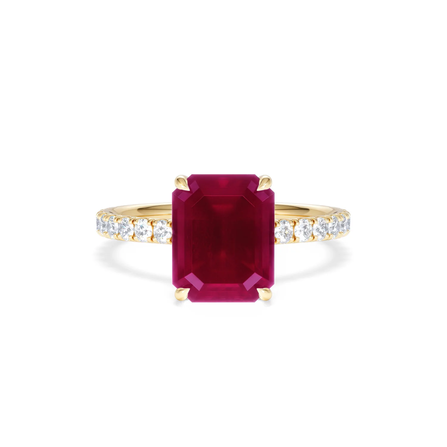 Amora Gem 2.50ct Emerald Cut Lab Ruby Hidden Halo Engagement Ring with Side Stones in 18K Yellow Gold - Image 9