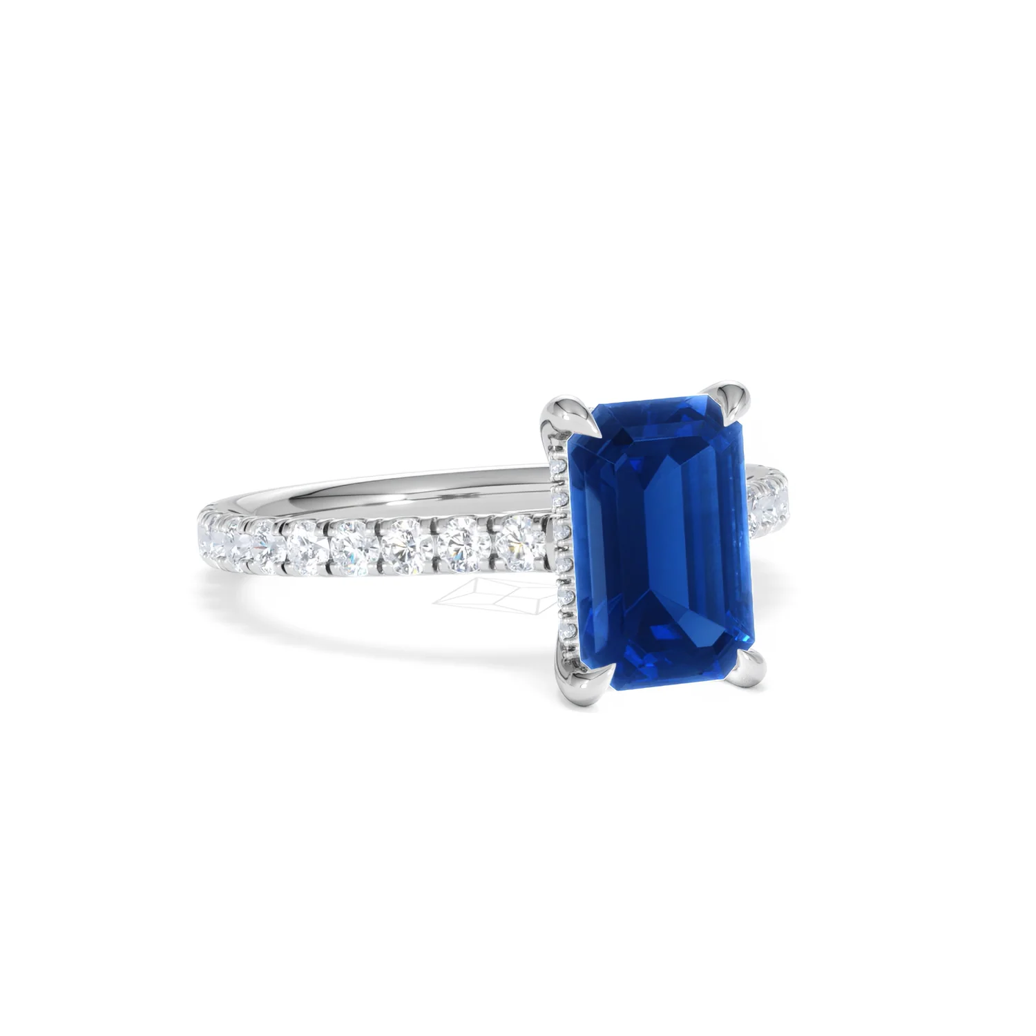 Amora Gem 2.50ct Emerald Cut Lab Sapphire Hidden Halo Engagement Ring with Side Stones in 18K White Gold - Image 14