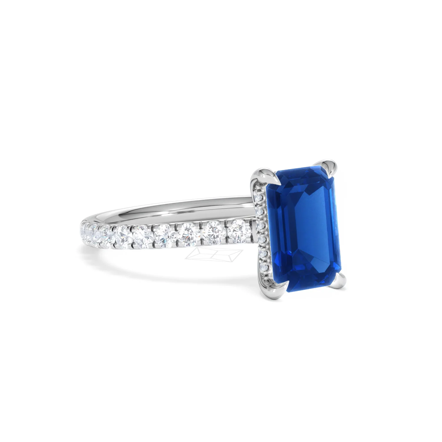 Amora Gem 2.50ct Emerald Cut Lab Sapphire Hidden Halo Engagement Ring with Side Stones in 18K White Gold - Image 16