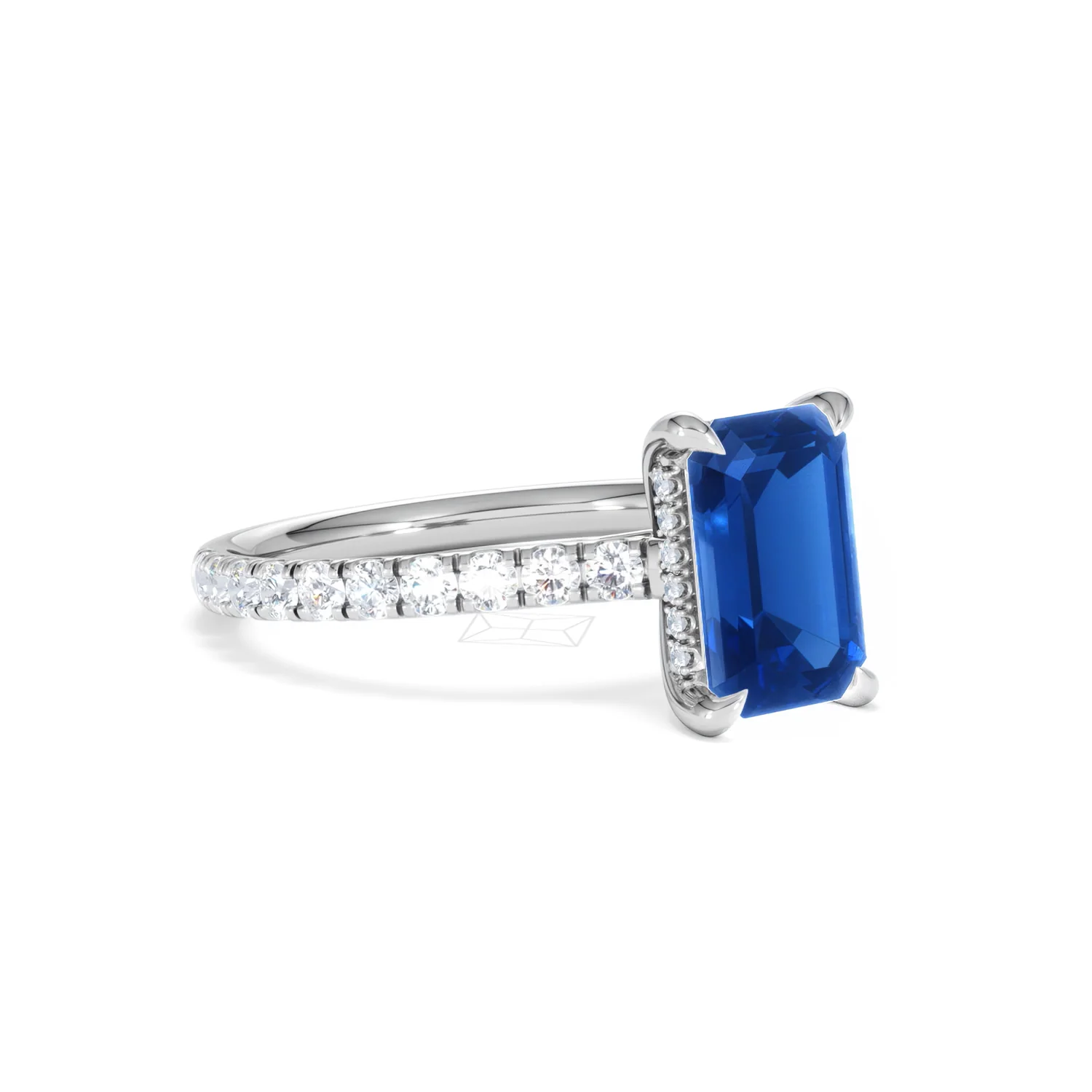 Amora Gem 2.50ct Emerald Cut Lab Sapphire Hidden Halo Engagement Ring with Side Stones in 18K White Gold - Image 17