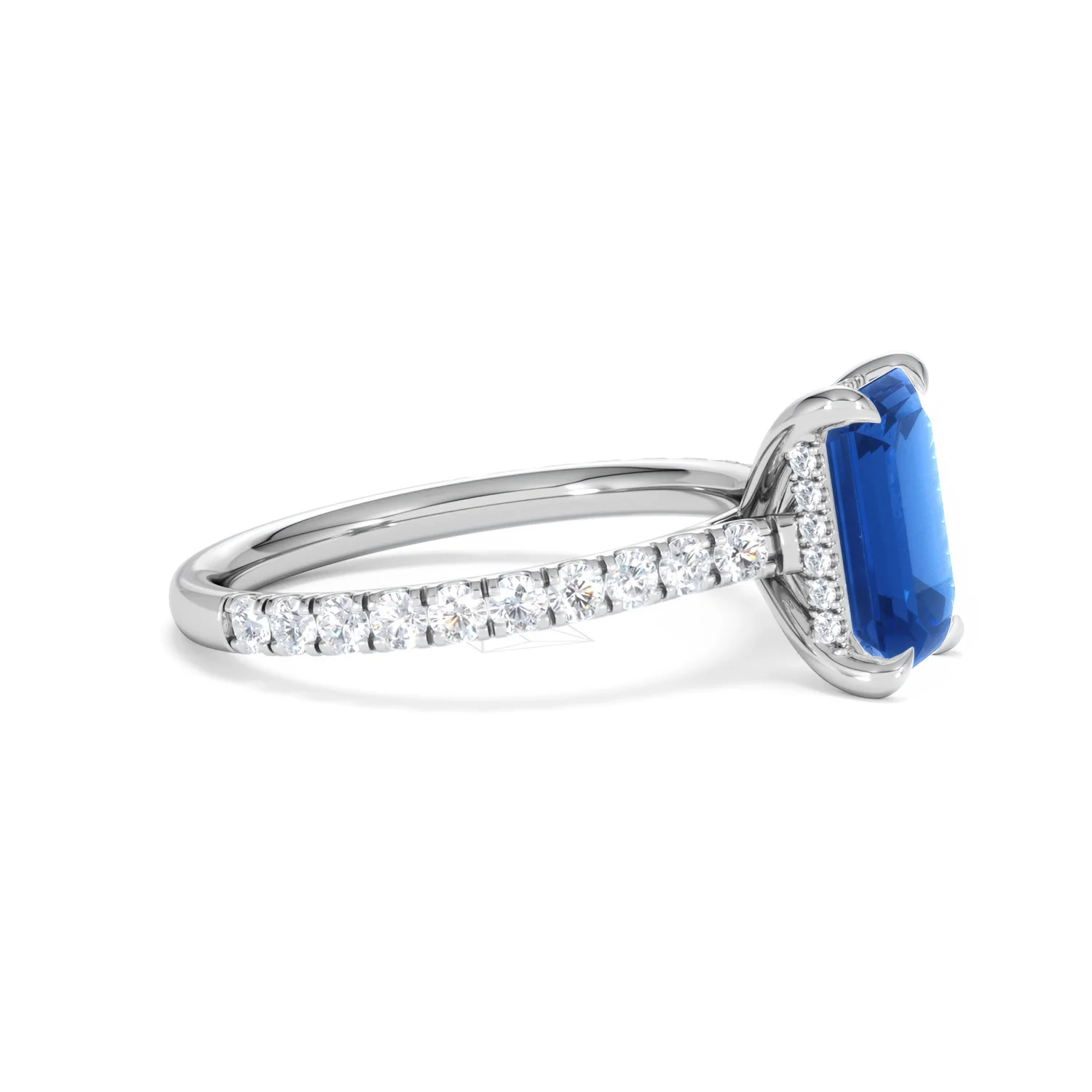 Amora Gem 2.50ct Emerald Cut Lab Sapphire Hidden Halo Engagement Ring with Side Stones in 18K White Gold - Image 24