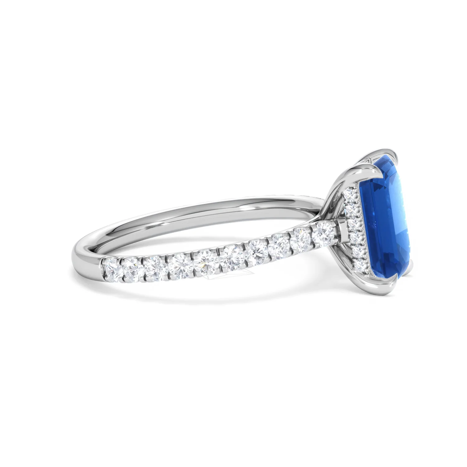 Amora Gem 2.50ct Emerald Cut Lab Sapphire Hidden Halo Engagement Ring with Side Stones in 18K White Gold - Image 25