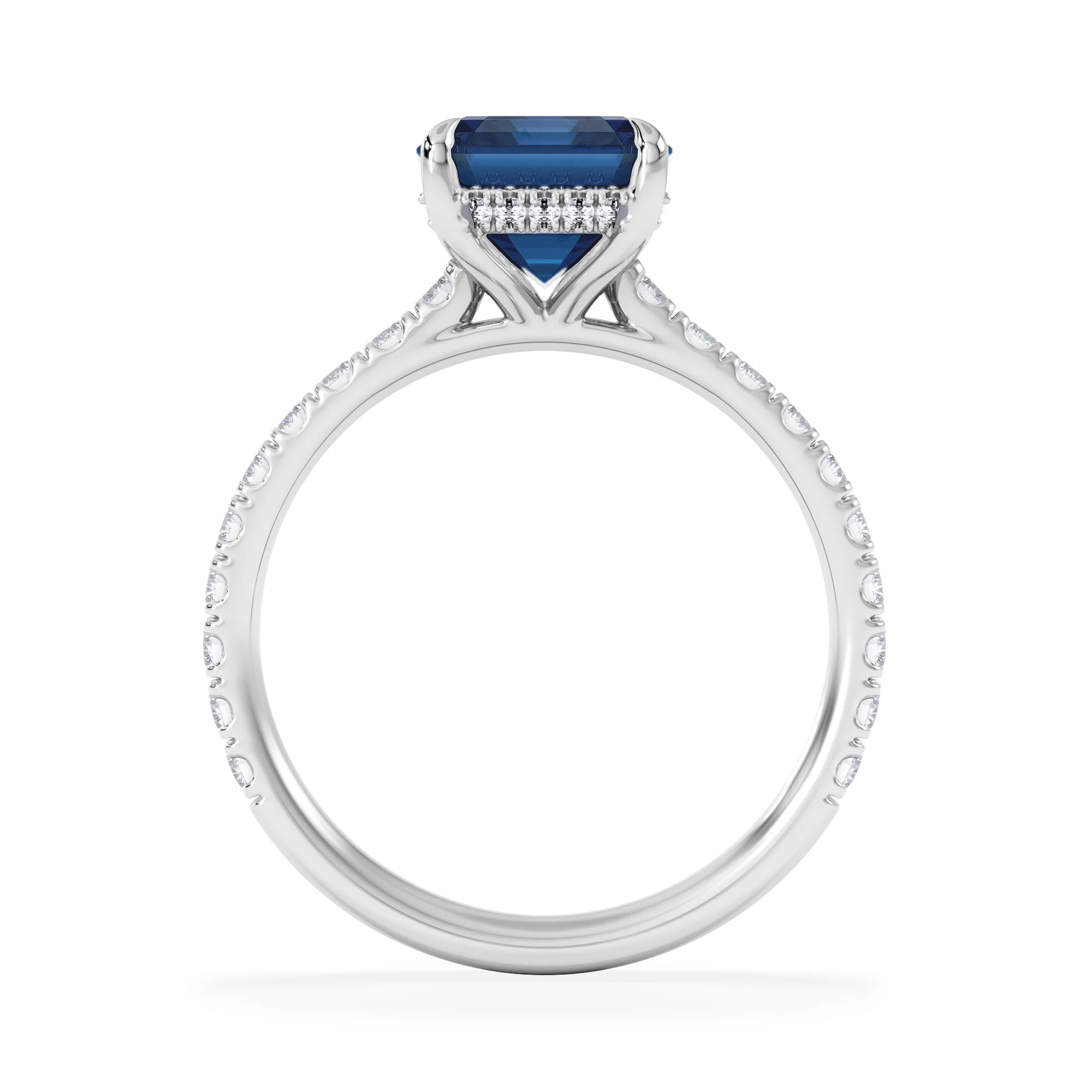 Amora Gem 2.50ct Emerald Cut Lab Sapphire Hidden Halo Engagement Ring with Side Stones in 18K White Gold - Image 3