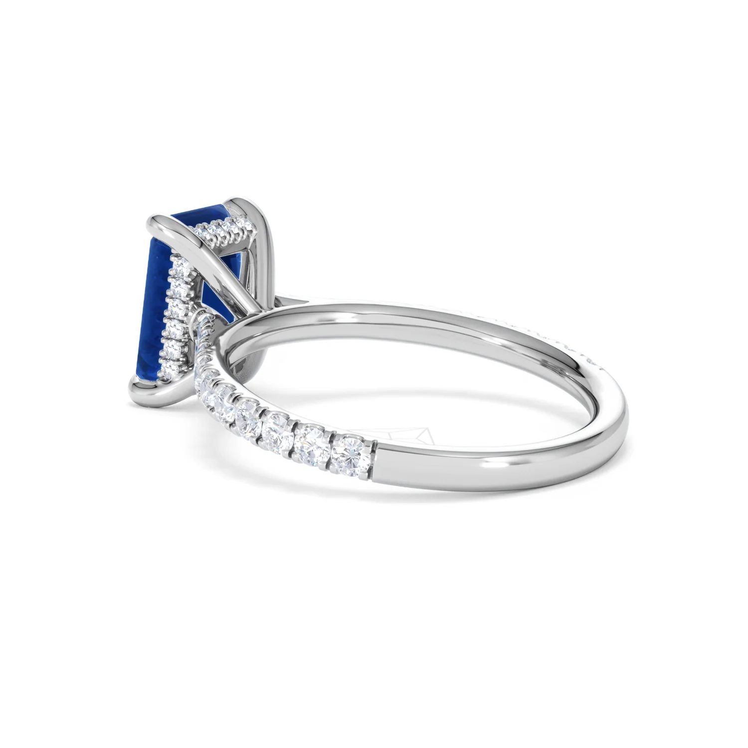 Amora Gem 2.50ct Emerald Cut Lab Sapphire Hidden Halo Engagement Ring with Side Stones in 18K White Gold - Image 60