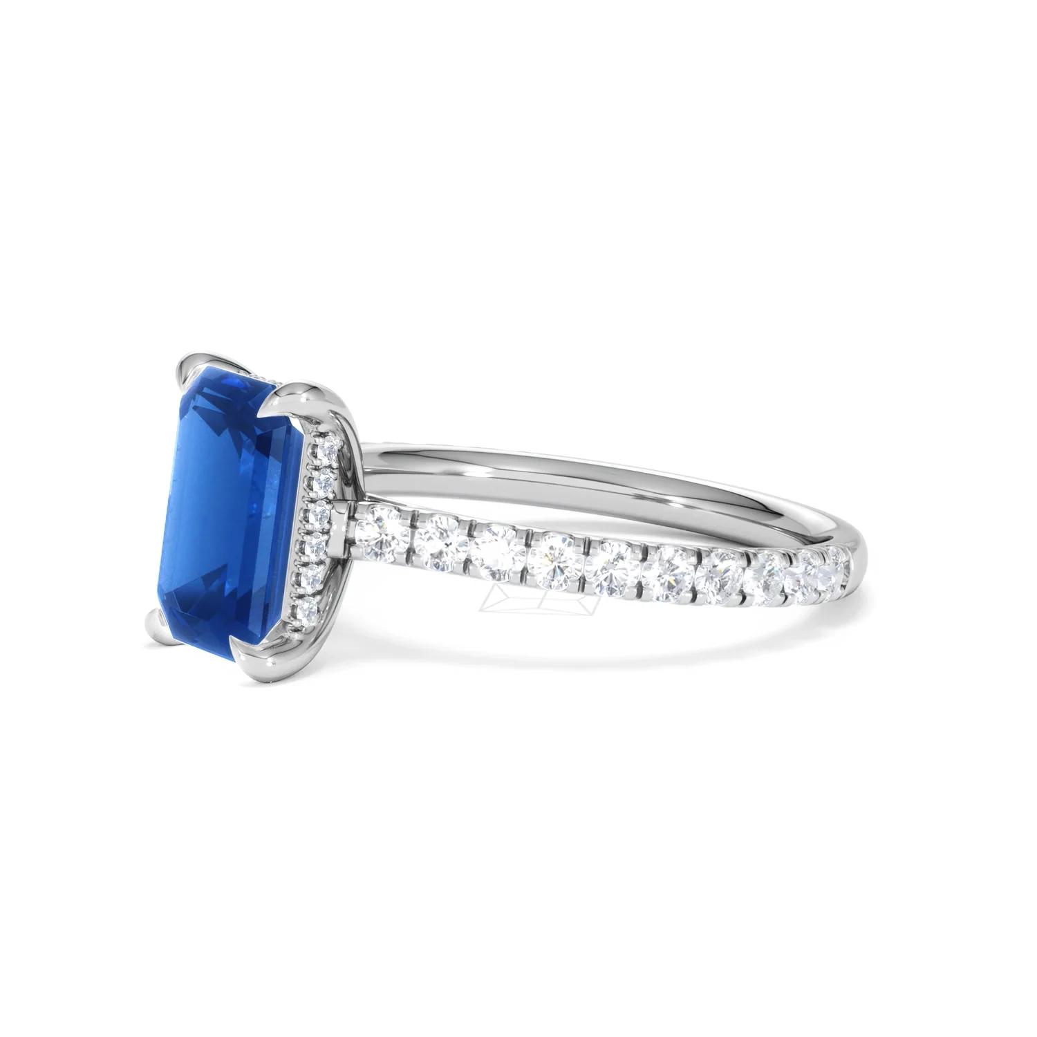 Amora Gem 2.50ct Emerald Cut Lab Sapphire Hidden Halo Engagement Ring with Side Stones in 18K White Gold - Image 77