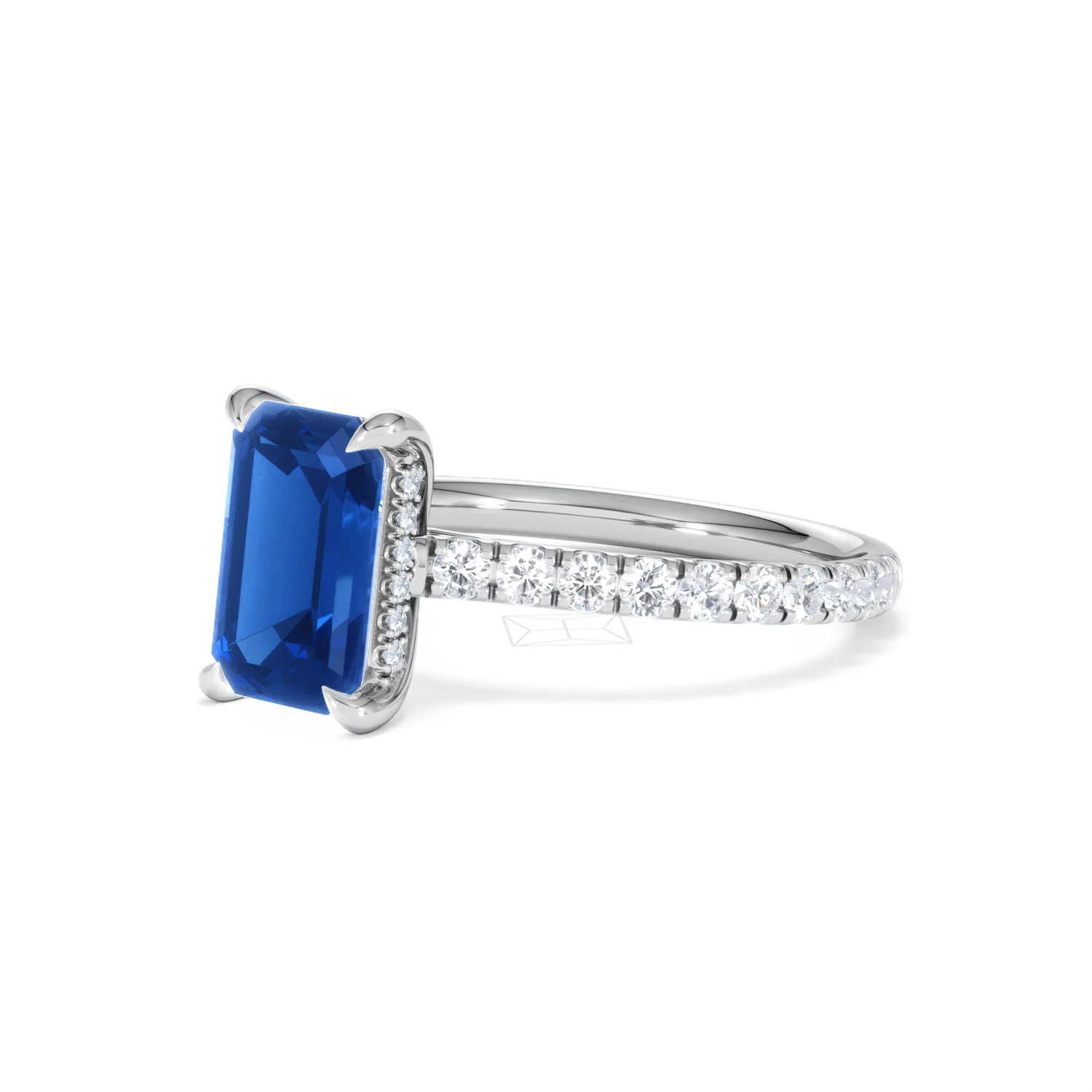 Amora Gem 2.50ct Emerald Cut Lab Sapphire Hidden Halo Engagement Ring with Side Stones in 18K White Gold - Image 80