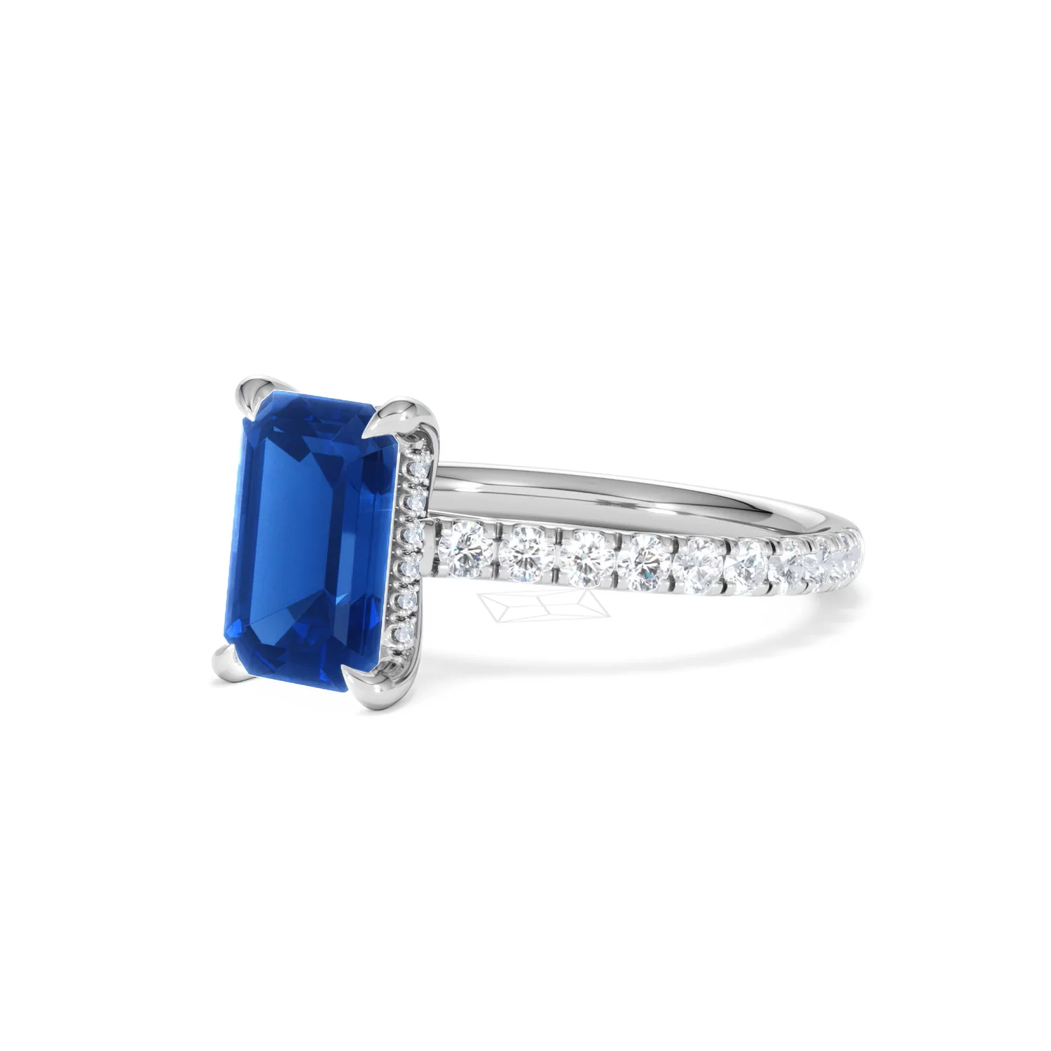 Amora Gem 2.50ct Emerald Cut Lab Sapphire Hidden Halo Engagement Ring with Side Stones in 18K White Gold - Image 81