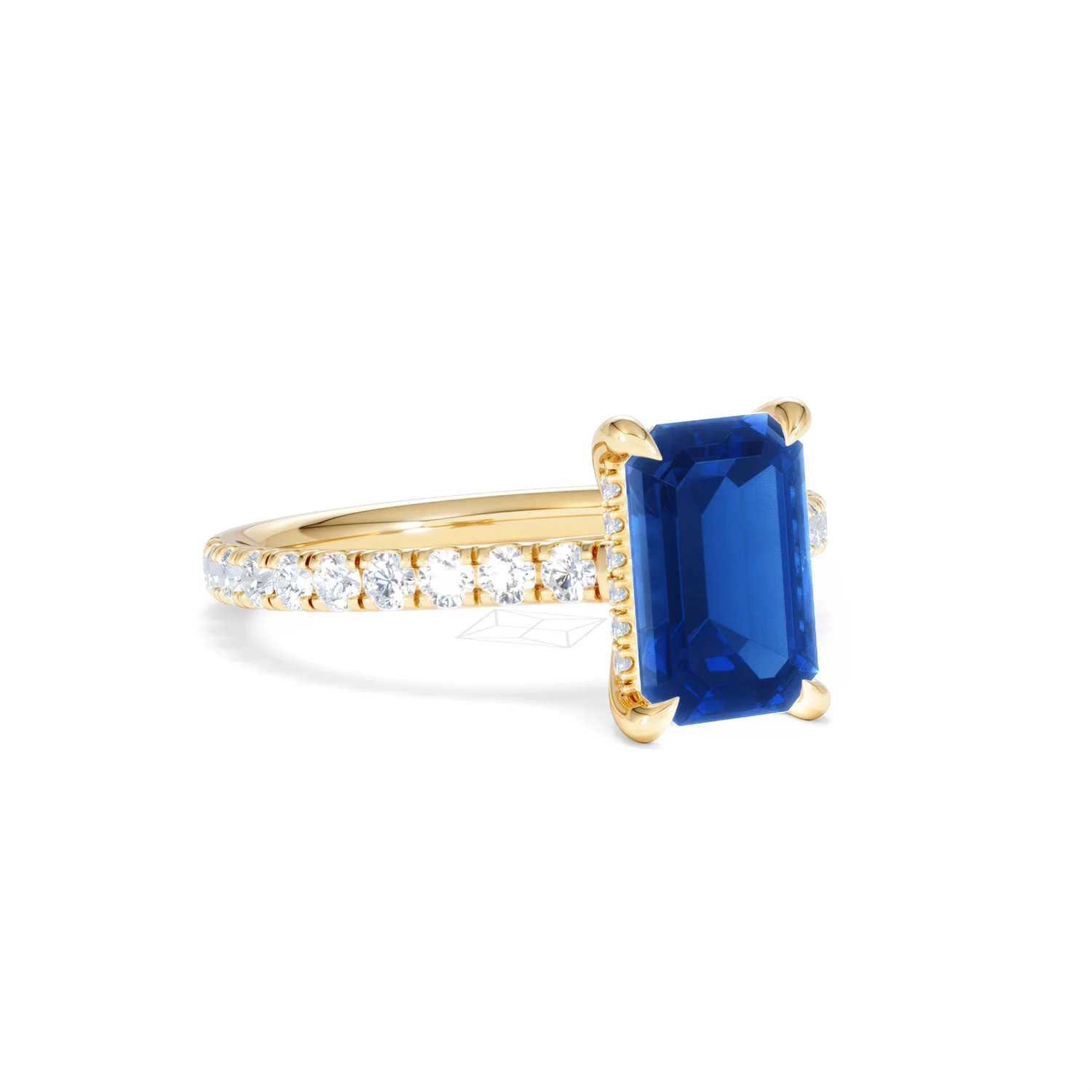 Amora Gem 2.50ct Emerald Cut Lab Sapphire Hidden Halo Engagement Ring with Side Stones in 18K Yellow Gold - Image 15
