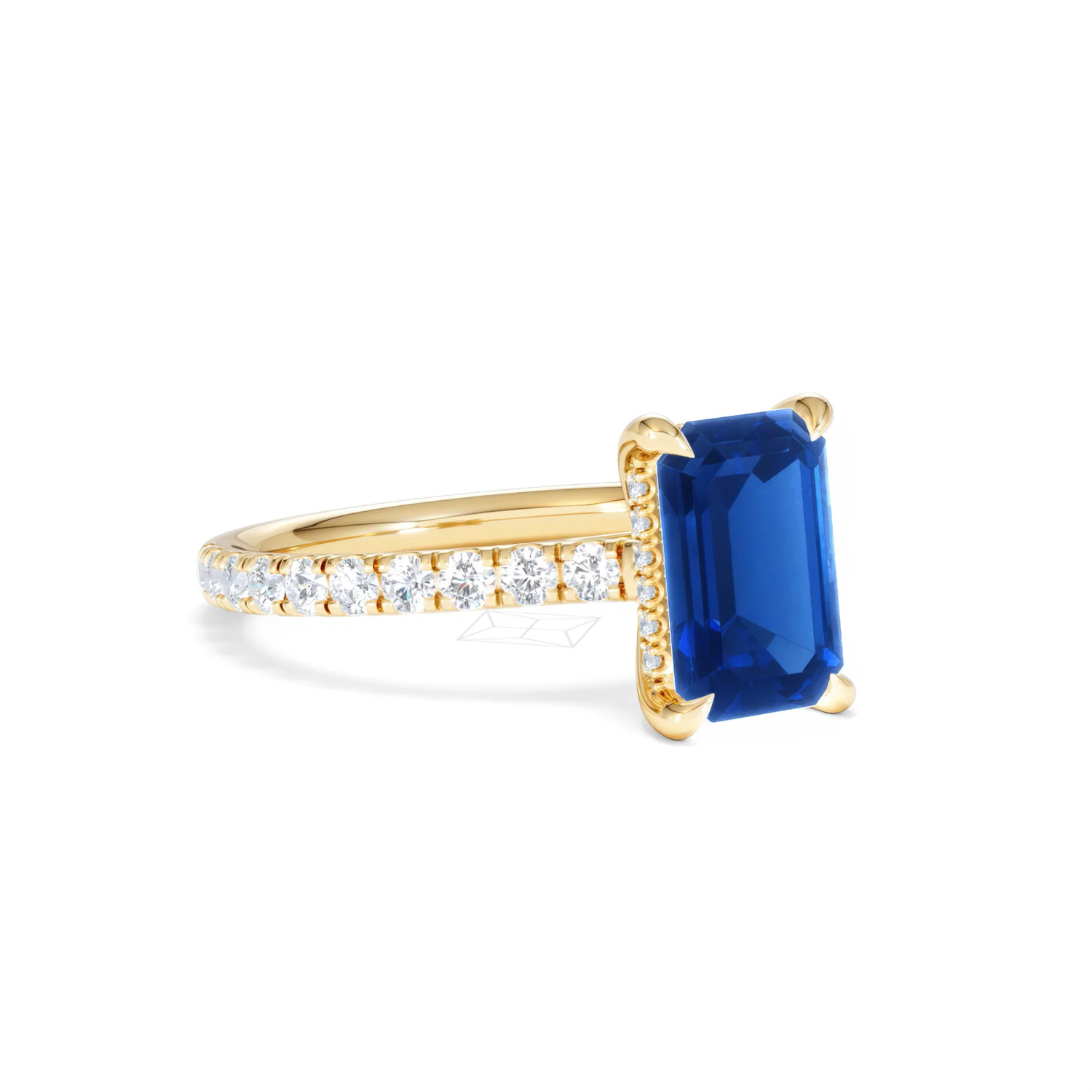 Amora Gem 2.50ct Emerald Cut Lab Sapphire Hidden Halo Engagement Ring with Side Stones in 18K Yellow Gold - Image 16