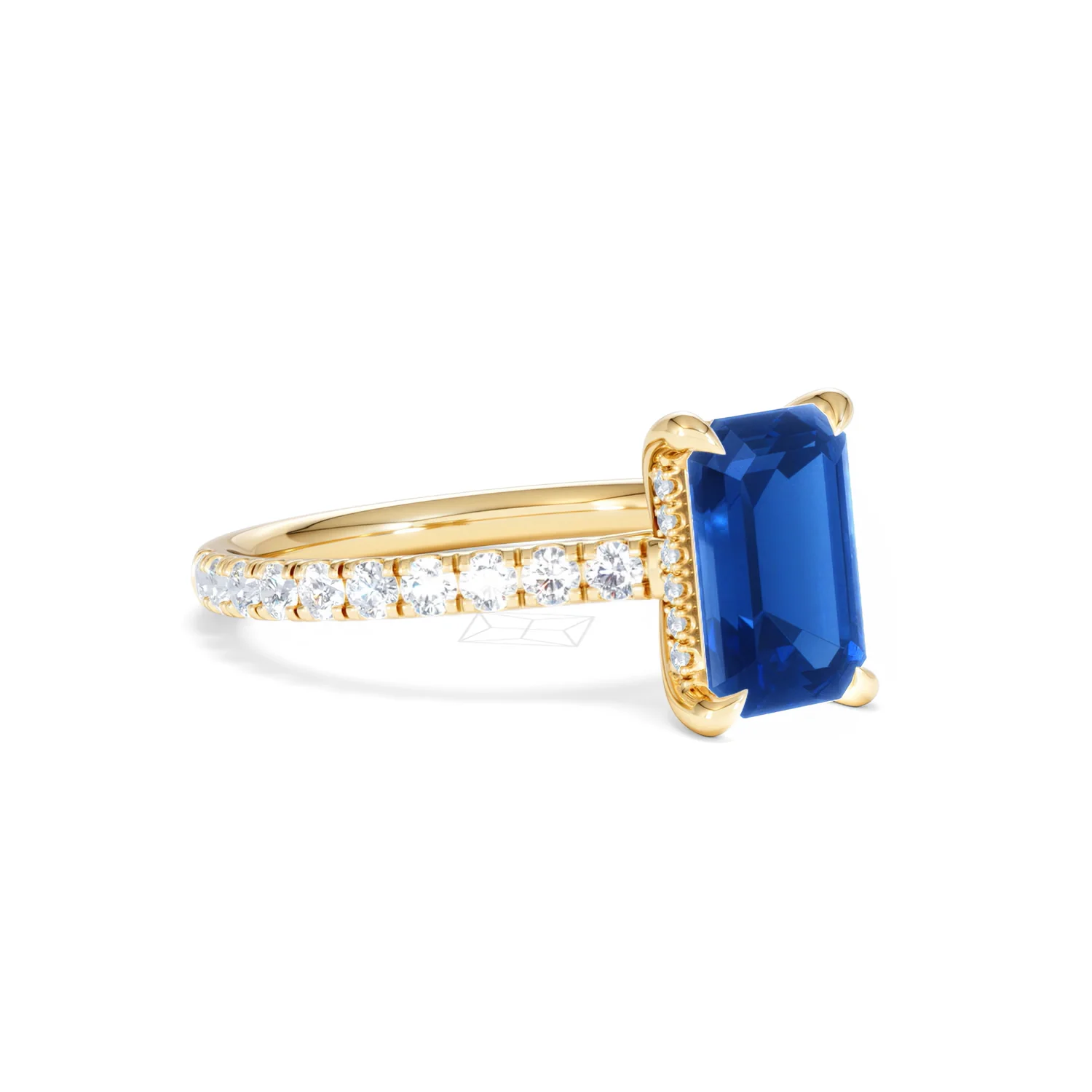 Amora Gem 2.50ct Emerald Cut Lab Sapphire Hidden Halo Engagement Ring with Side Stones in 18K Yellow Gold - Image 17