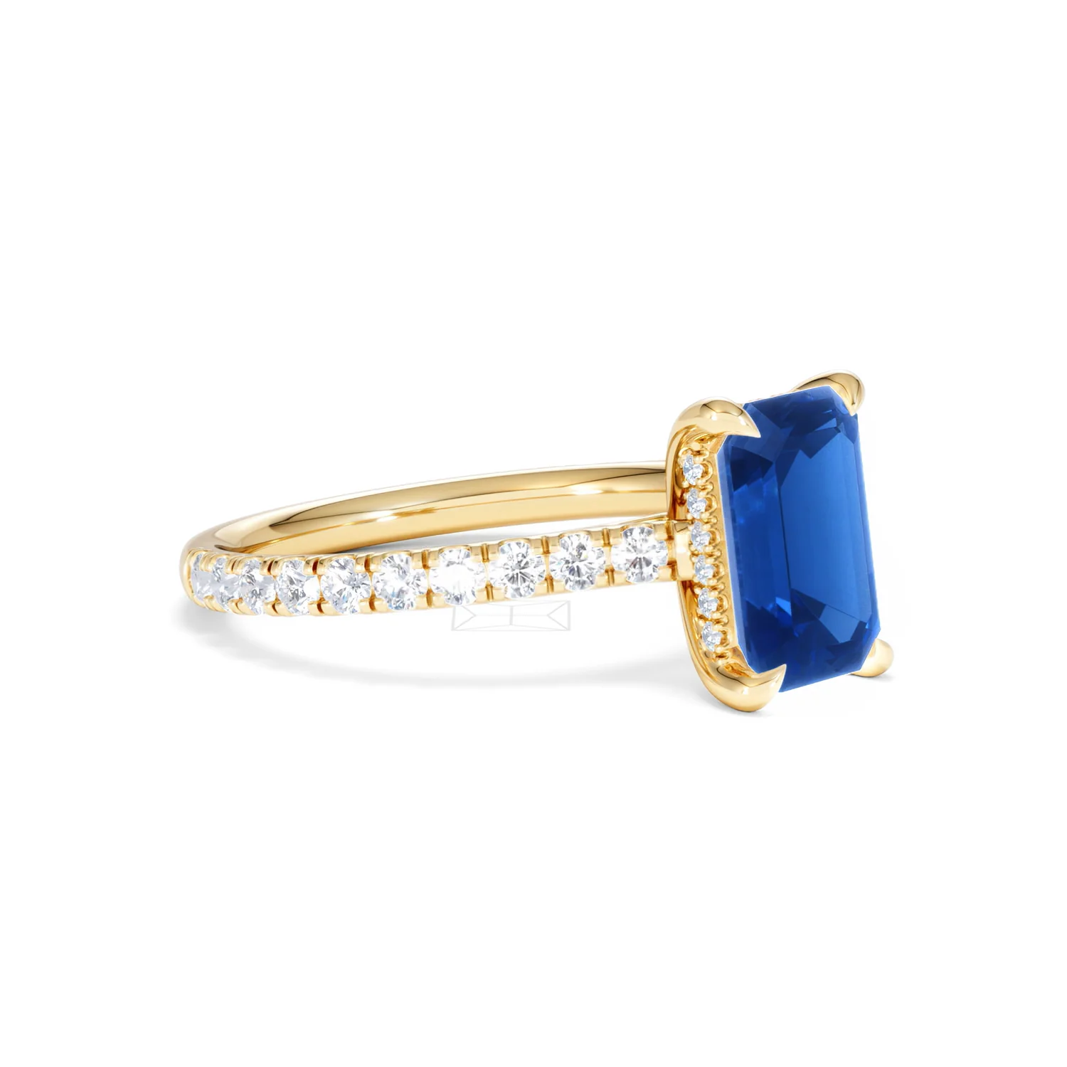 Amora Gem 2.50ct Emerald Cut Lab Sapphire Hidden Halo Engagement Ring with Side Stones in 18K Yellow Gold - Image 19