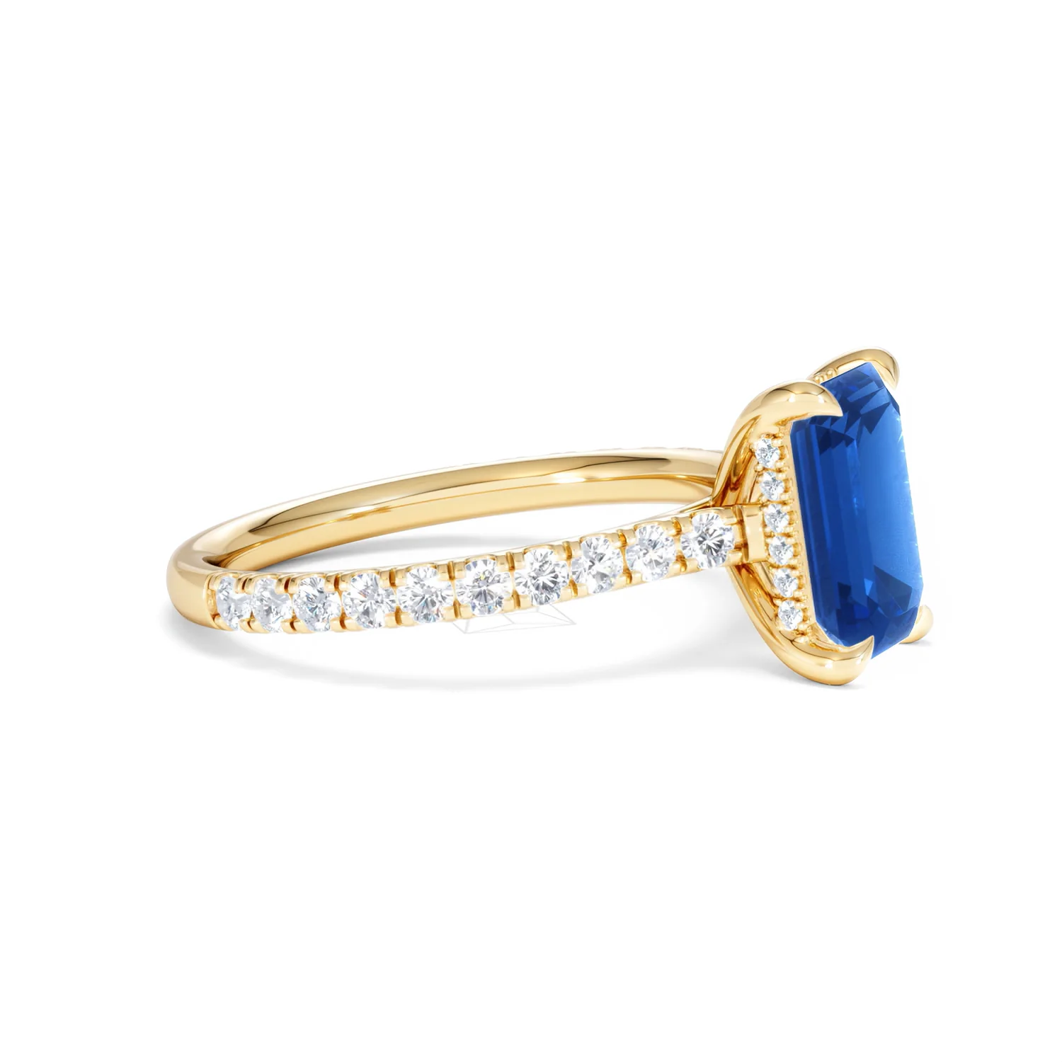Amora Gem 2.50ct Emerald Cut Lab Sapphire Hidden Halo Engagement Ring with Side Stones in 18K Yellow Gold - Image 23
