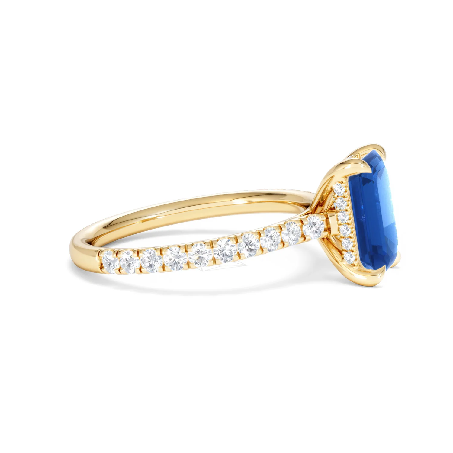 Amora Gem 2.50ct Emerald Cut Lab Sapphire Hidden Halo Engagement Ring with Side Stones in 18K Yellow Gold - Image 25