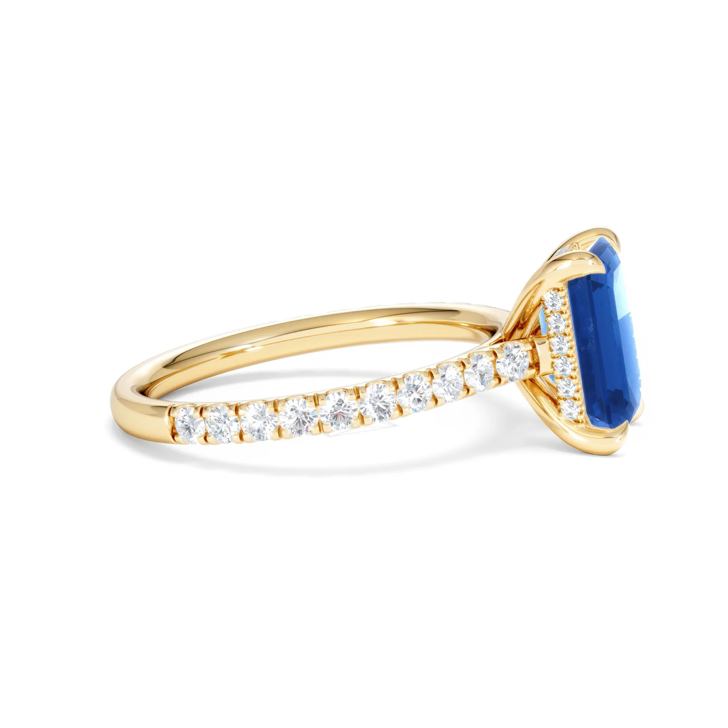 Amora Gem 2.50ct Emerald Cut Lab Sapphire Hidden Halo Engagement Ring with Side Stones in 18K Yellow Gold - Image 26