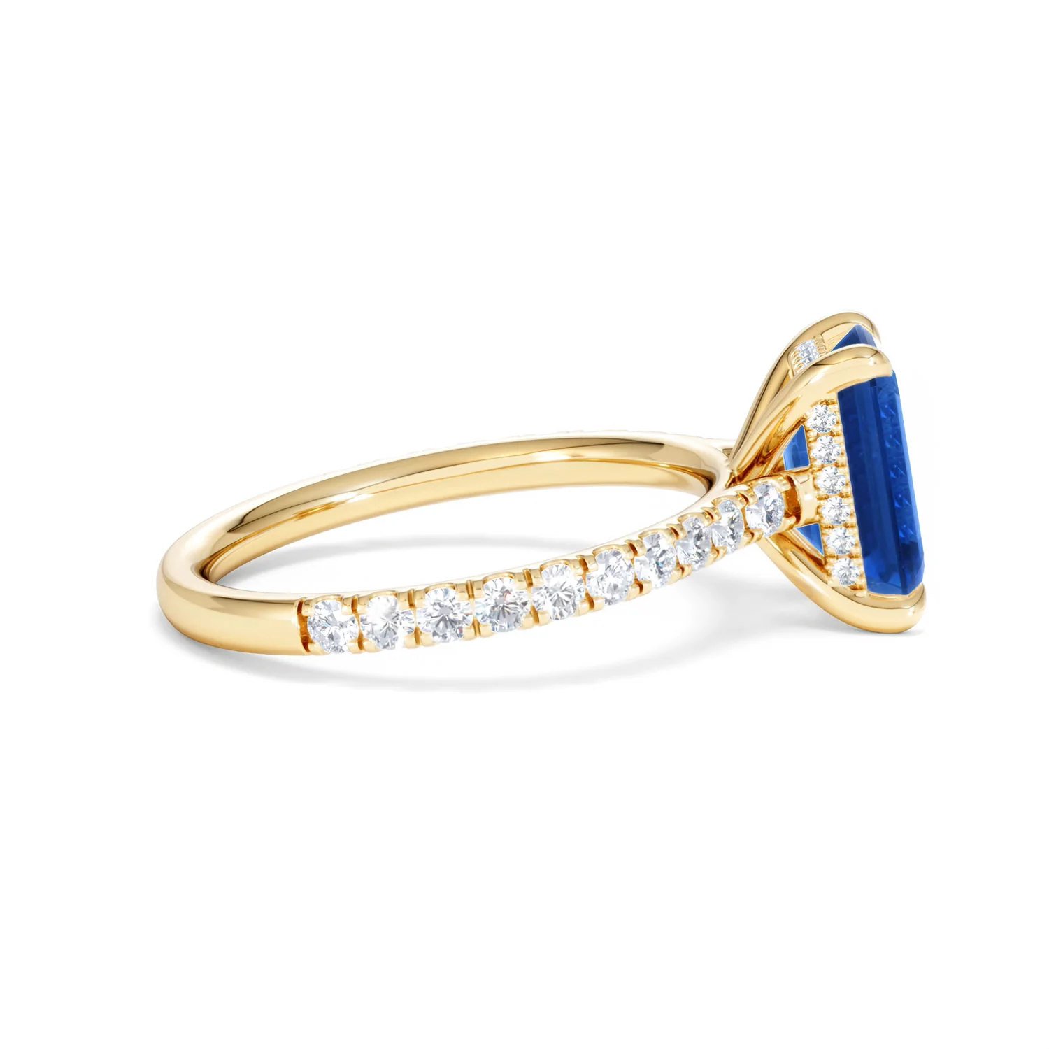 Amora Gem 2.50ct Emerald Cut Lab Sapphire Hidden Halo Engagement Ring with Side Stones in 18K Yellow Gold - Image 29