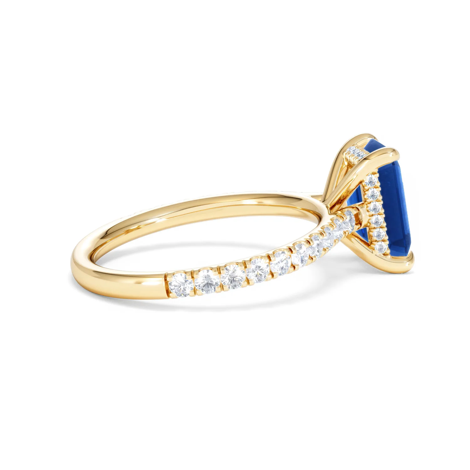 Amora Gem 2.50ct Emerald Cut Lab Sapphire Hidden Halo Engagement Ring with Side Stones in 18K Yellow Gold - Image 32