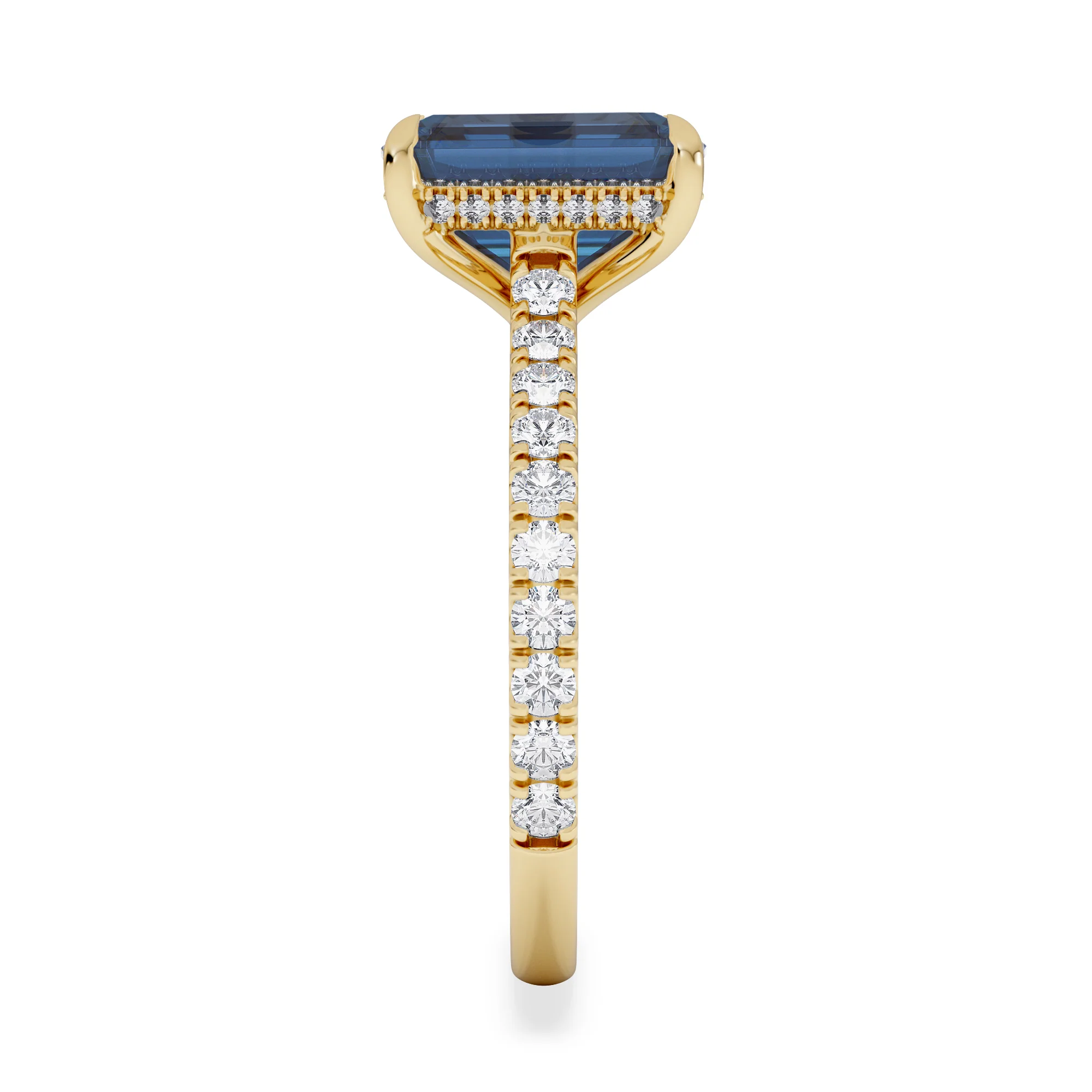 Amora Gem 2.50ct Emerald Cut Lab Sapphire Hidden Halo Engagement Ring with Side Stones in 18K Yellow Gold - Image 5