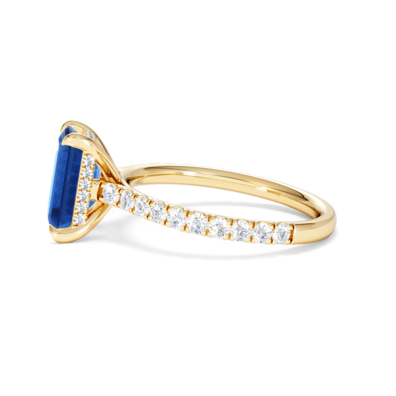 Amora Gem 2.50ct Emerald Cut Lab Sapphire Hidden Halo Engagement Ring with Side Stones in 18K Yellow Gold - Image 70