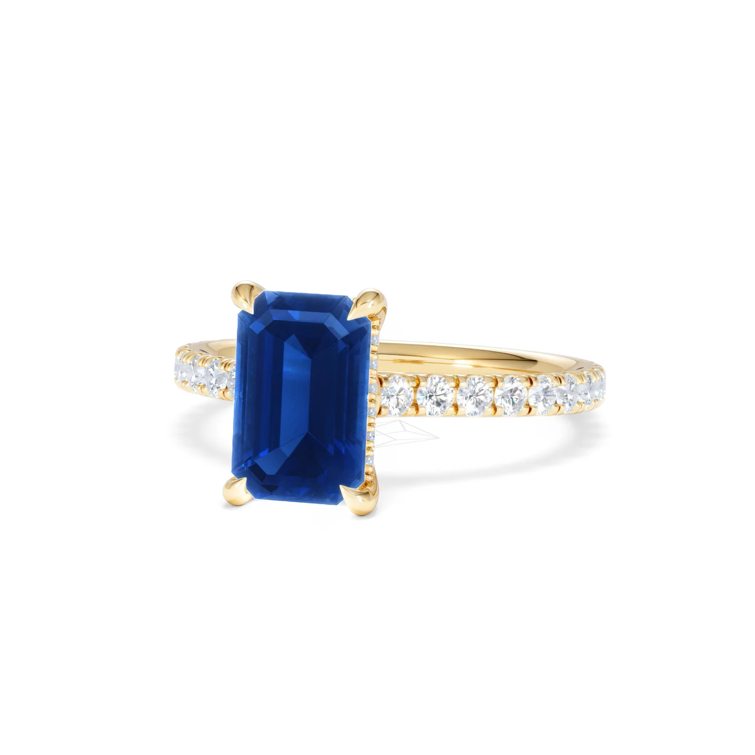 Amora Gem 2.50ct Emerald Cut Lab Sapphire Hidden Halo Engagement Ring with Side Stones in 18K Yellow Gold - Image 85