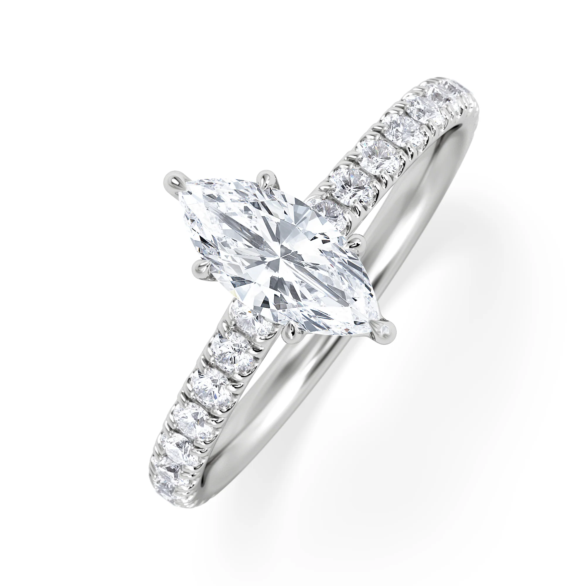 Amora Marquise 0.97ct Hidden Halo Diamond Engagement Ring with Side Stones Set in 18K White Gold