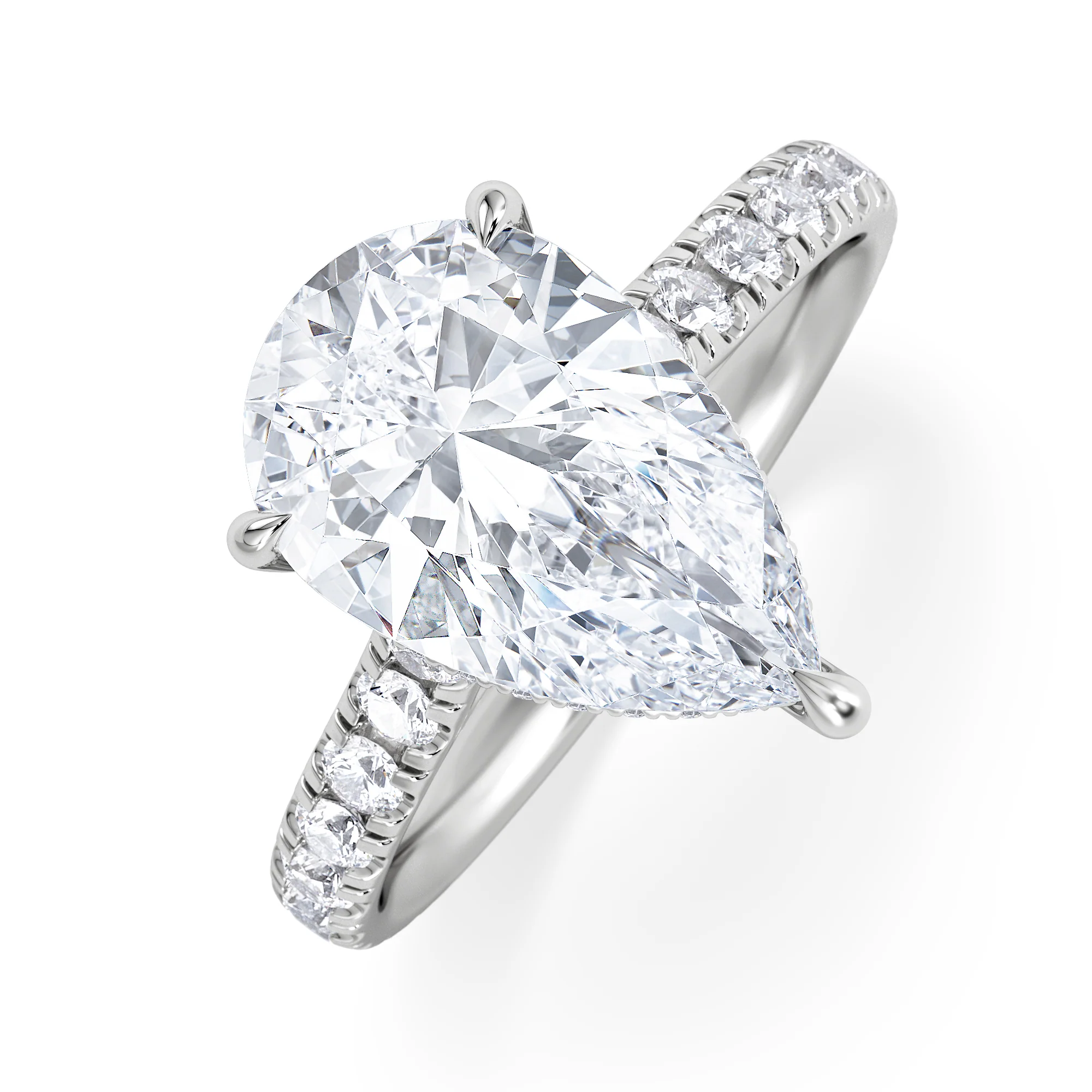 Amora Pear 3.36ct Hidden Halo Lab Diamond Engagement Ring With Side Stones Set in 18K White Gold
