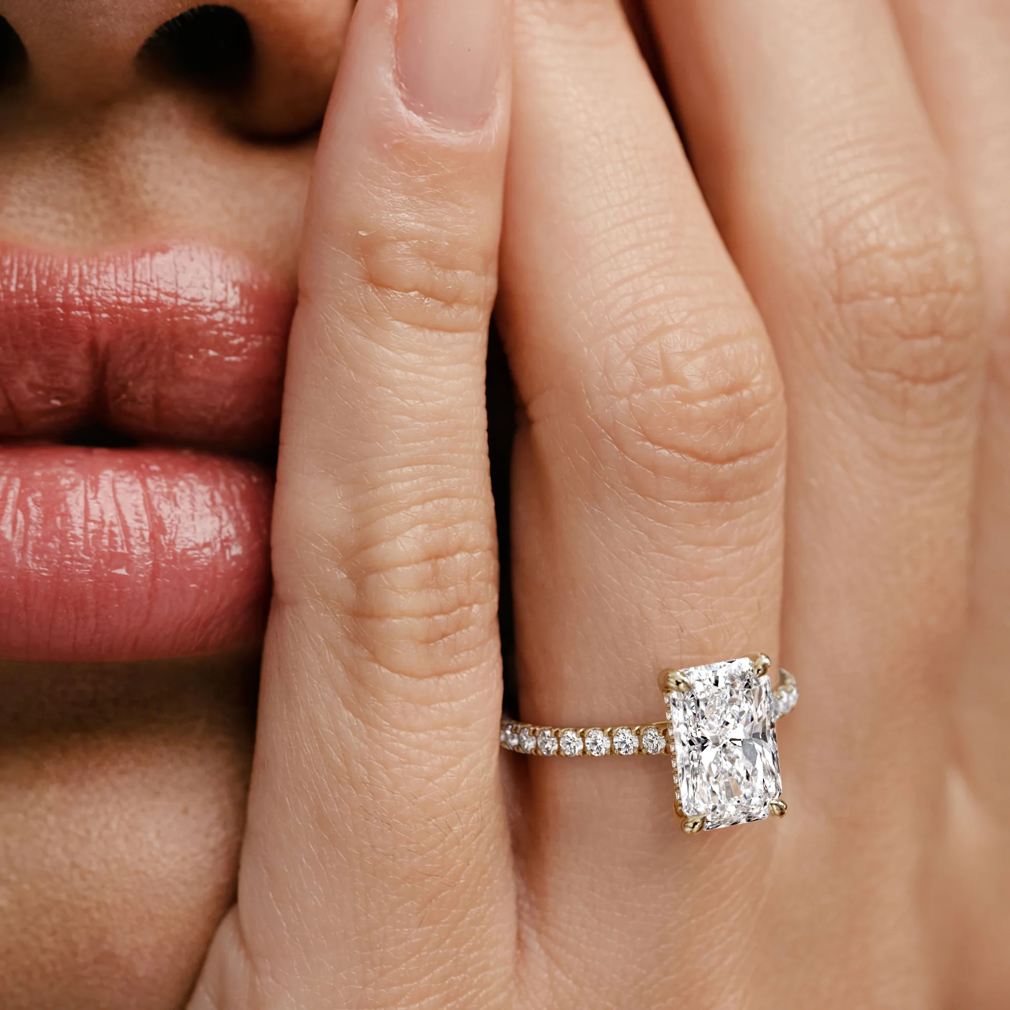 Amora Radiant 3.00ct Hidden Halo Lab Diamond Engagement Ring With Side Stones Set in 18K Gold - Image 6