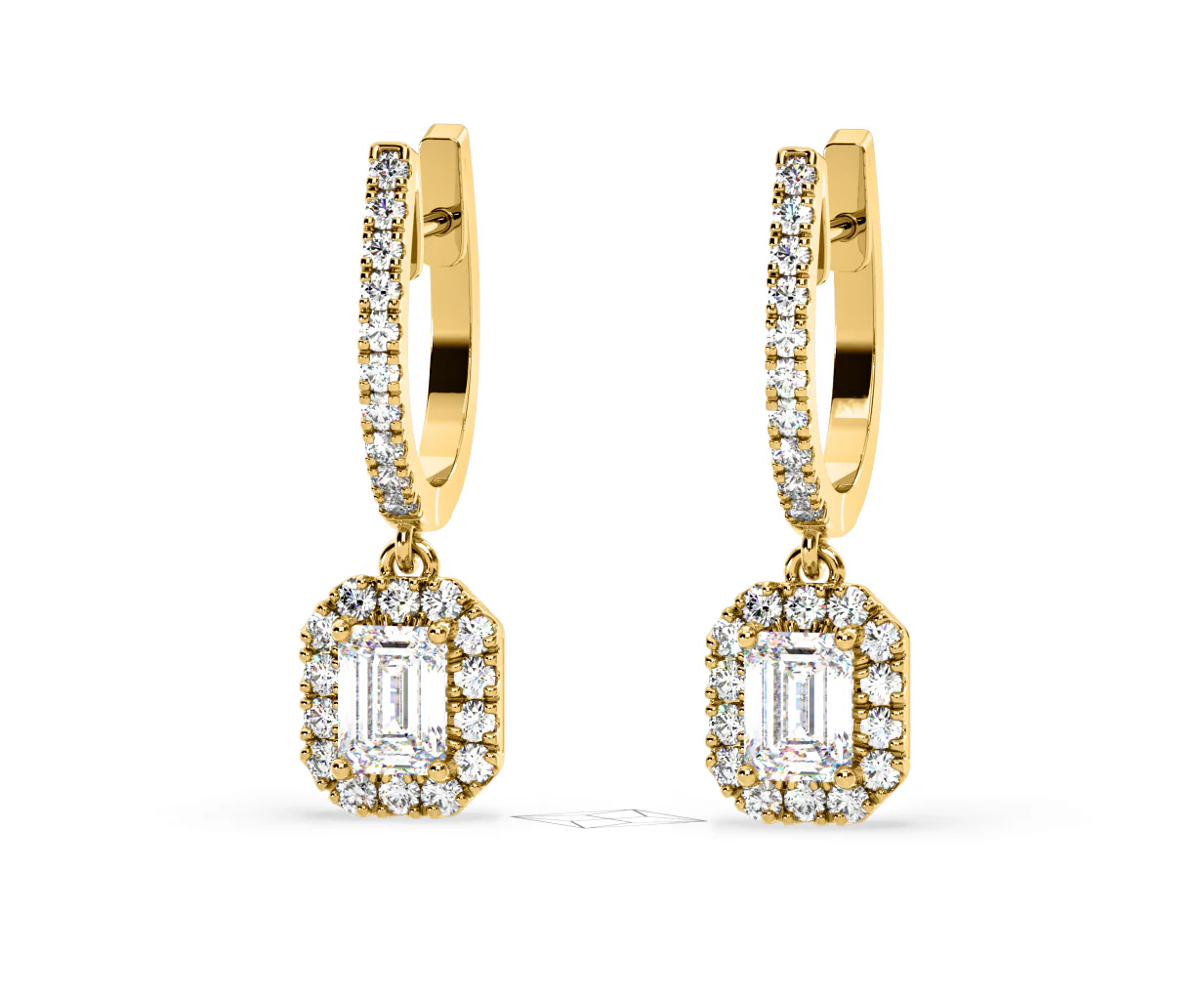 Annabelle Emerald Cut Lab Diamond Halo Drop Earrings 1.48ct in 18K Yellow Gold F/VS1 - Image 10