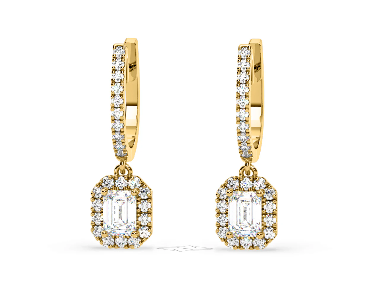 Annabelle Emerald Cut Lab Diamond Halo Drop Earrings 1.48ct in 18K Yellow Gold F/VS1 - Image 9