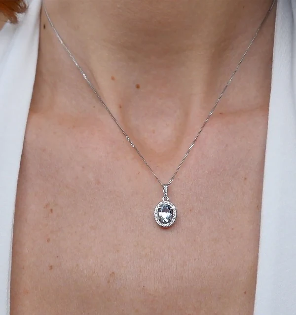 Aquamarine 7 x 5mm And Diamond 18K White Gold Pendant Necklace - Image 3