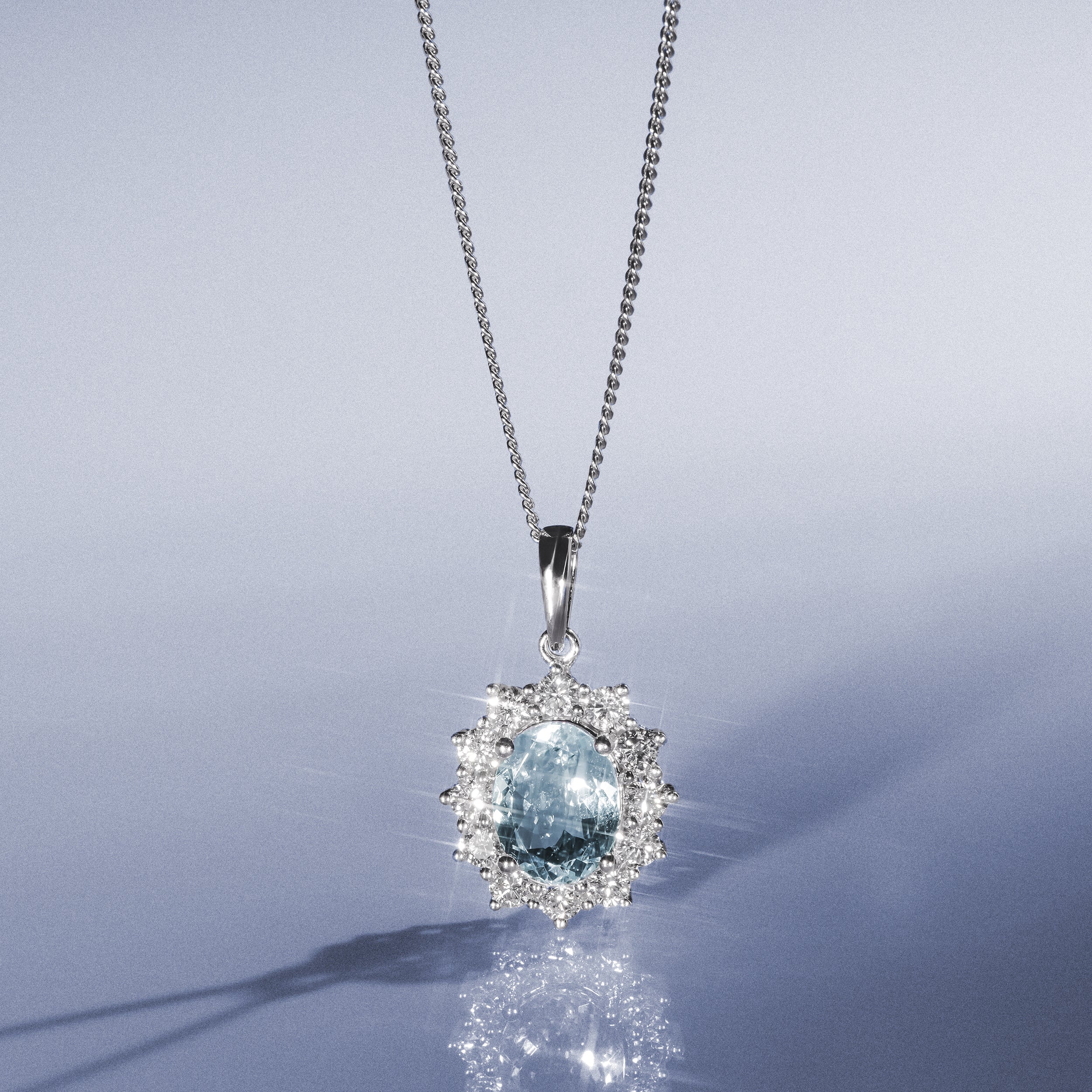 Aquamarine and Diamond Cluster Necklace Pendant 9x7mm 18K White Gold - Image 3