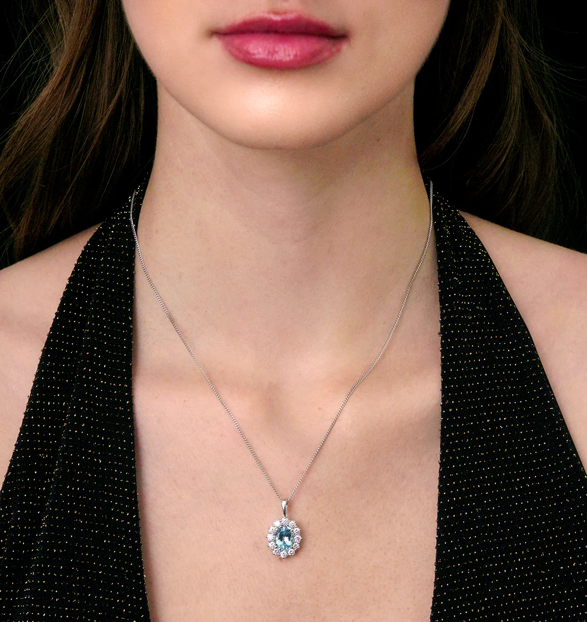Aquamarine and Lab Diamond Cluster Necklace 9x7mm in 18K White Gold - Image 4