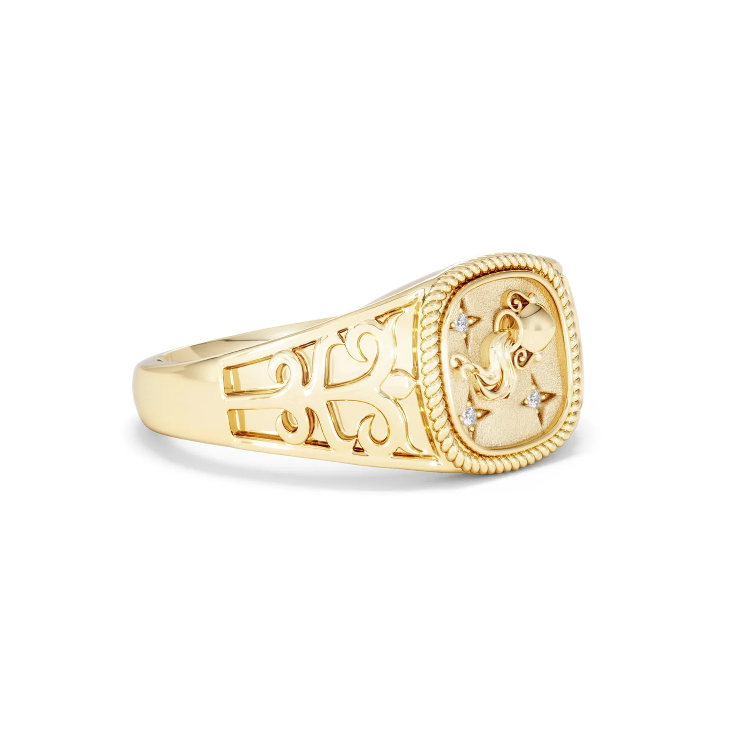 Aquarius Zodiac 0.01ct Lab Diamond Signet Ring in 18K Gold Vermeil - Image 17
