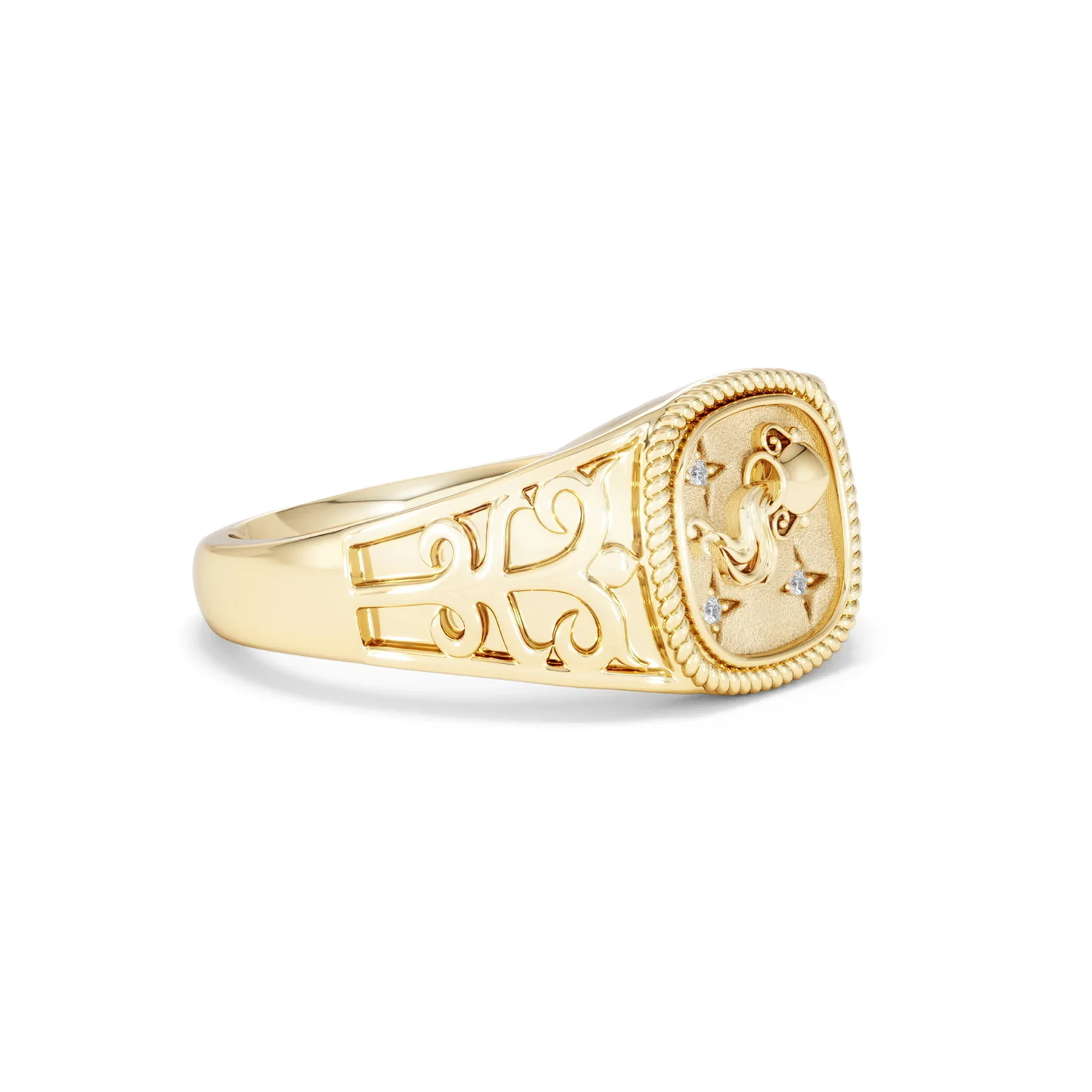 Aquarius Zodiac 0.01ct Lab Diamond Signet Ring in 18K Gold Vermeil - Image 18