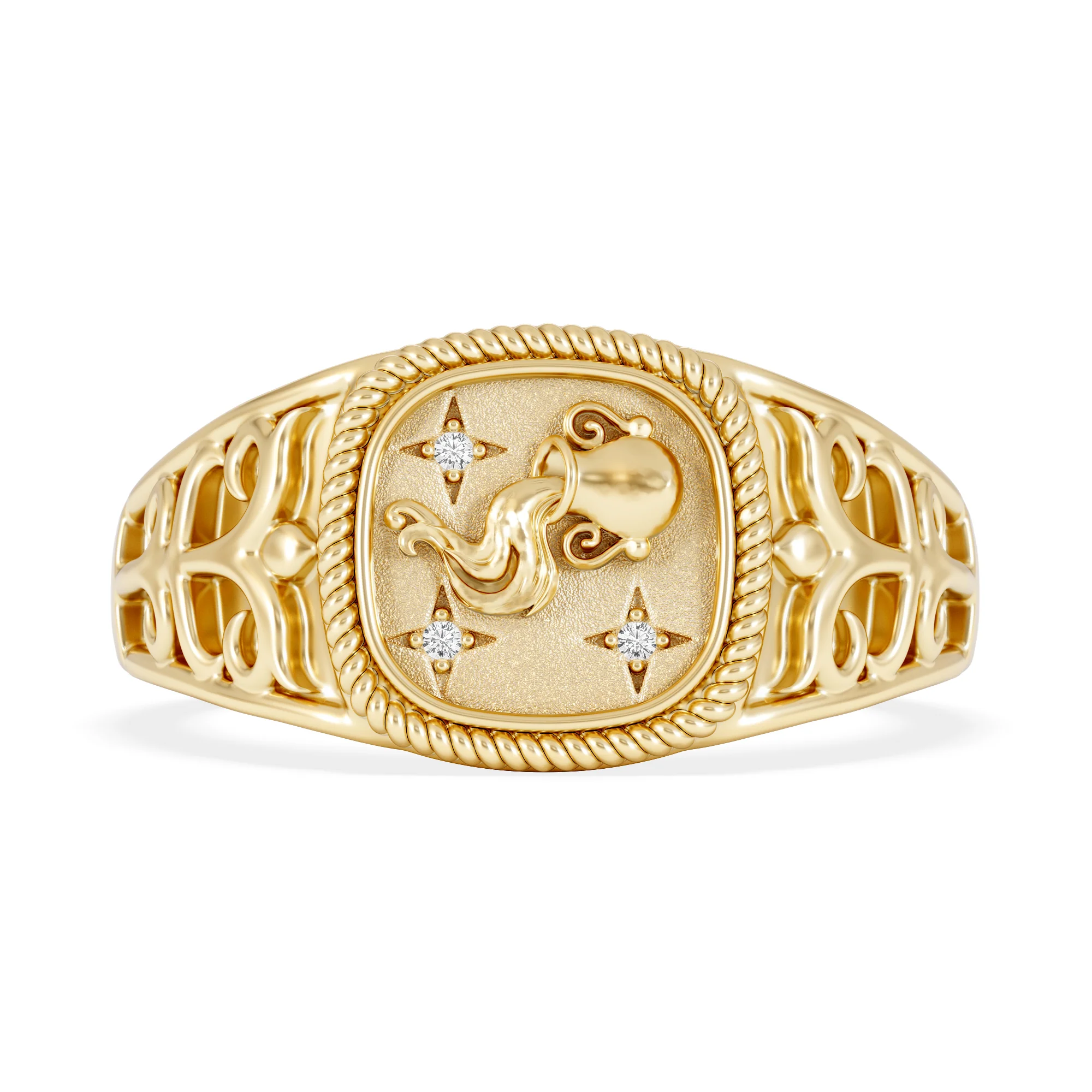 Aquarius Zodiac 0.01ct Lab Diamond Signet Ring in 18K Gold Vermeil - Image 6