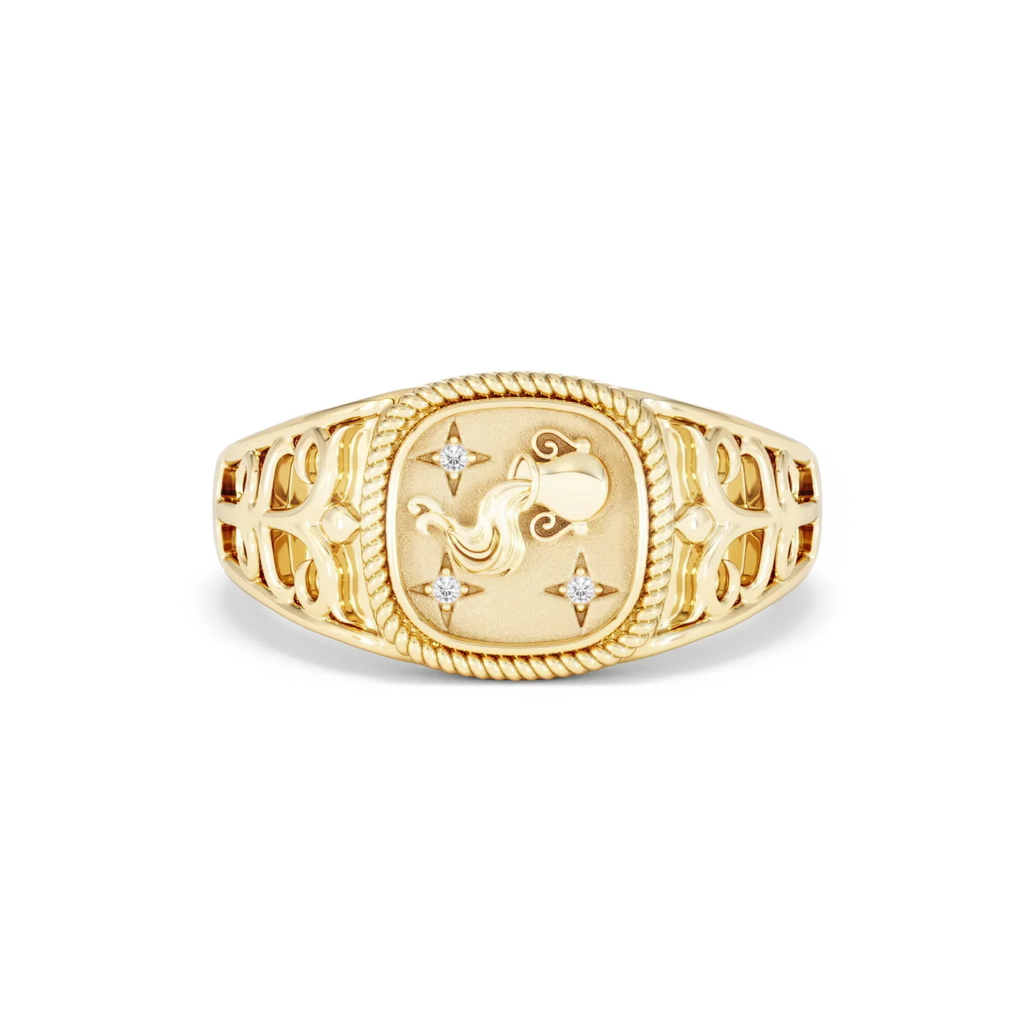 Aquarius Zodiac 0.01ct Lab Diamond Signet Ring in 18K Gold Vermeil - Image 7