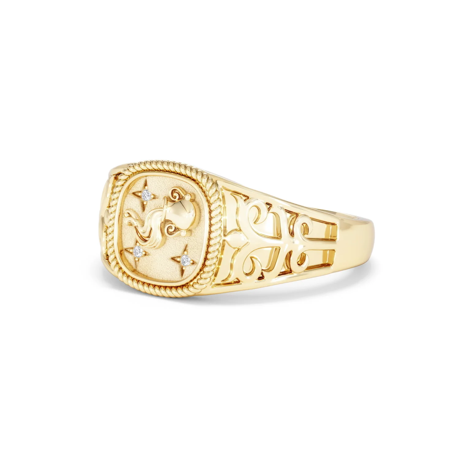 Aquarius Zodiac 0.01ct Lab Diamond Signet Ring in 18K Gold Vermeil - Image 79