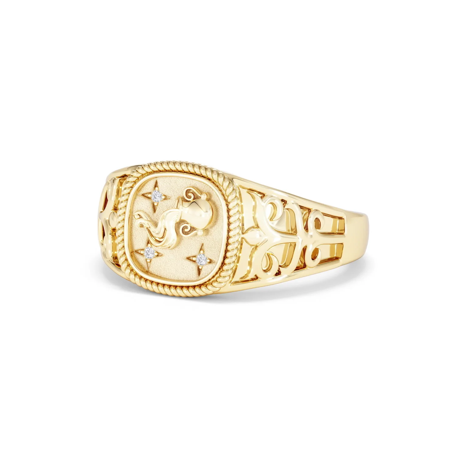 Aquarius Zodiac 0.01ct Lab Diamond Signet Ring in 18K Gold Vermeil - Image 81