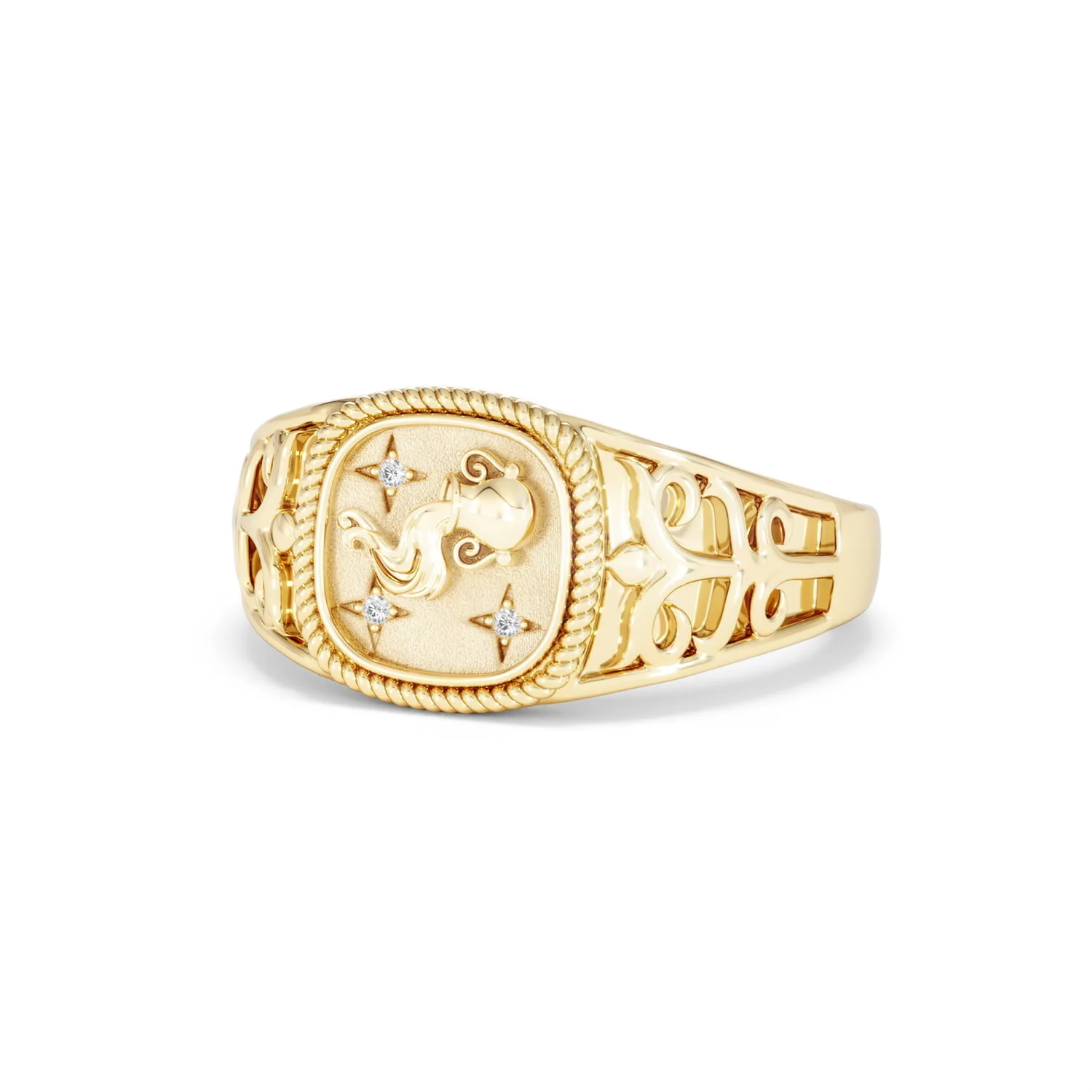 Aquarius Zodiac 0.01ct Lab Diamond Signet Ring in 18K Gold Vermeil - Image 82