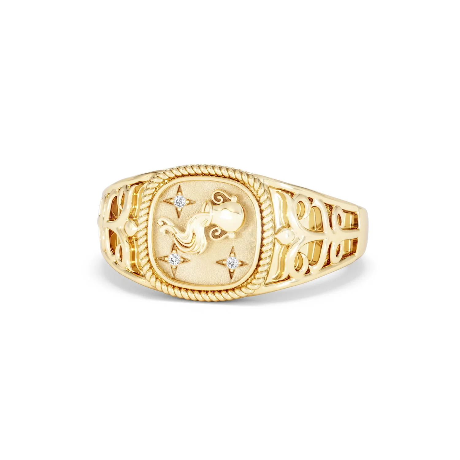 Aquarius Zodiac 0.01ct Lab Diamond Signet Ring in 18K Gold Vermeil - Image 84