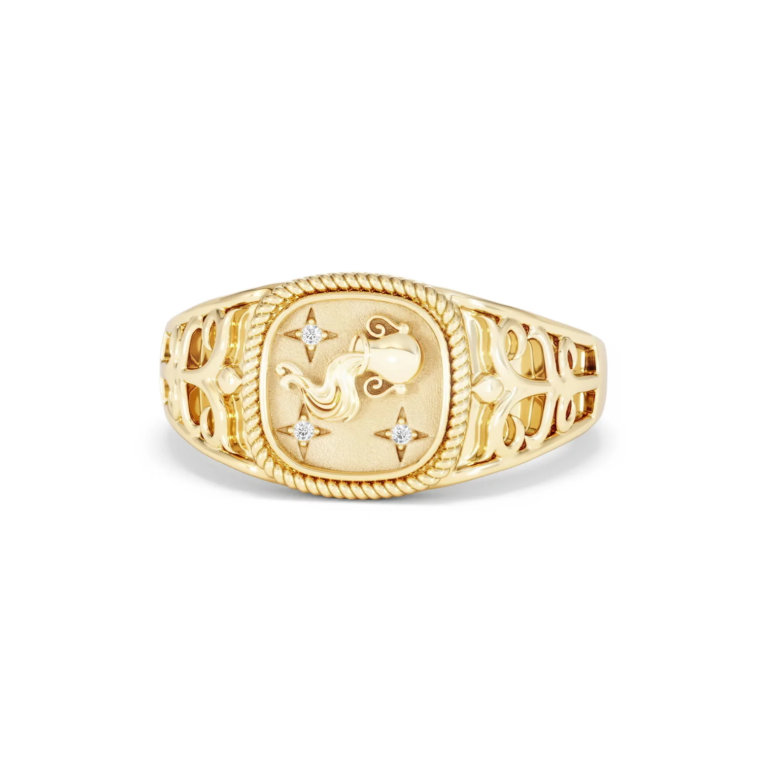 Aquarius Zodiac 0.01ct Lab Diamond Signet Ring in 18K Gold Vermeil - Image 85