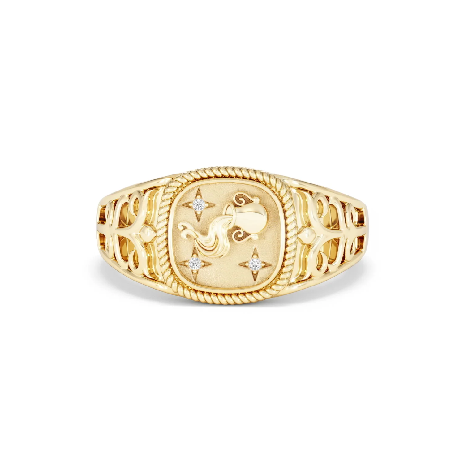 Aquarius Zodiac 0.01ct Lab Diamond Signet Ring in 18K Gold Vermeil - Image 86