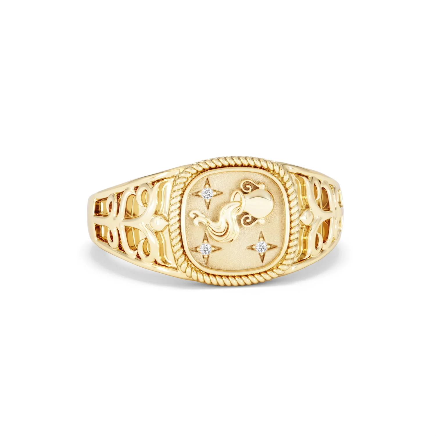 Aquarius Zodiac 0.01ct Lab Diamond Signet Ring in 18K Gold Vermeil - Image 9